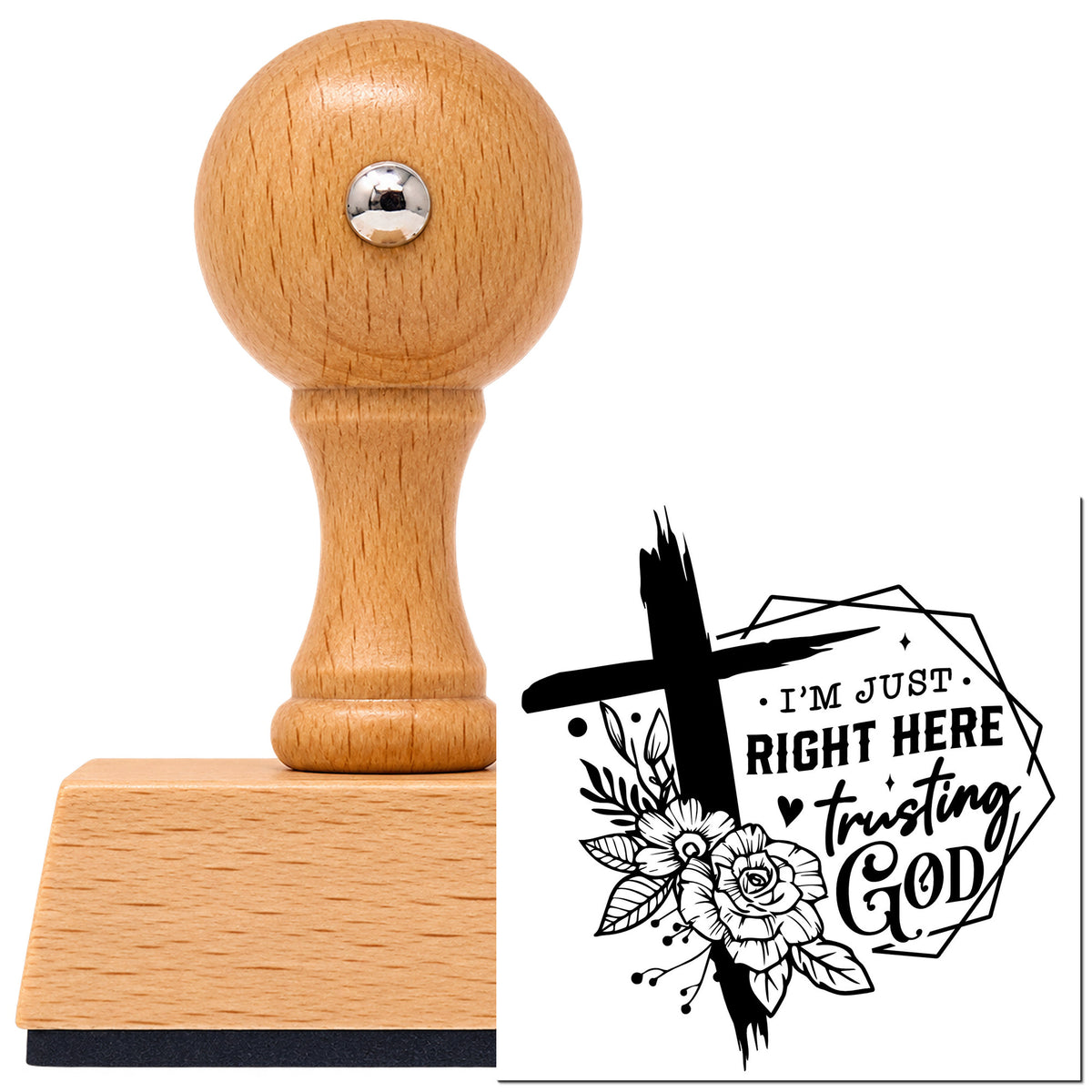 Vintage Pro beech wood stamp with a round knob handle, shown with its black Trusting God Geometric Flowers Brushstroke Cross imprint on white.