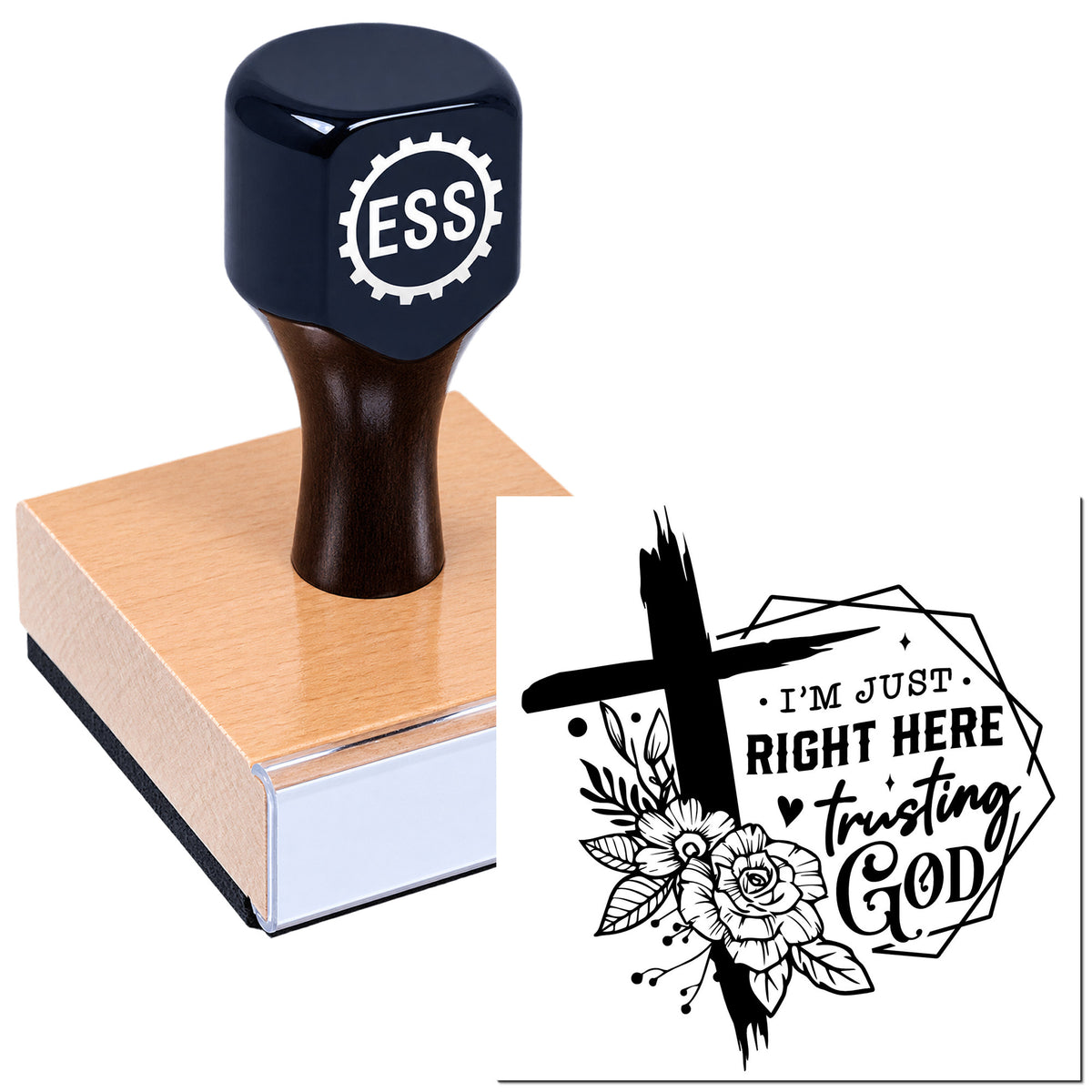 Navy ESS rubber stamp on copper seal block, with black floral "I'm Just Right Here Trusting God" design