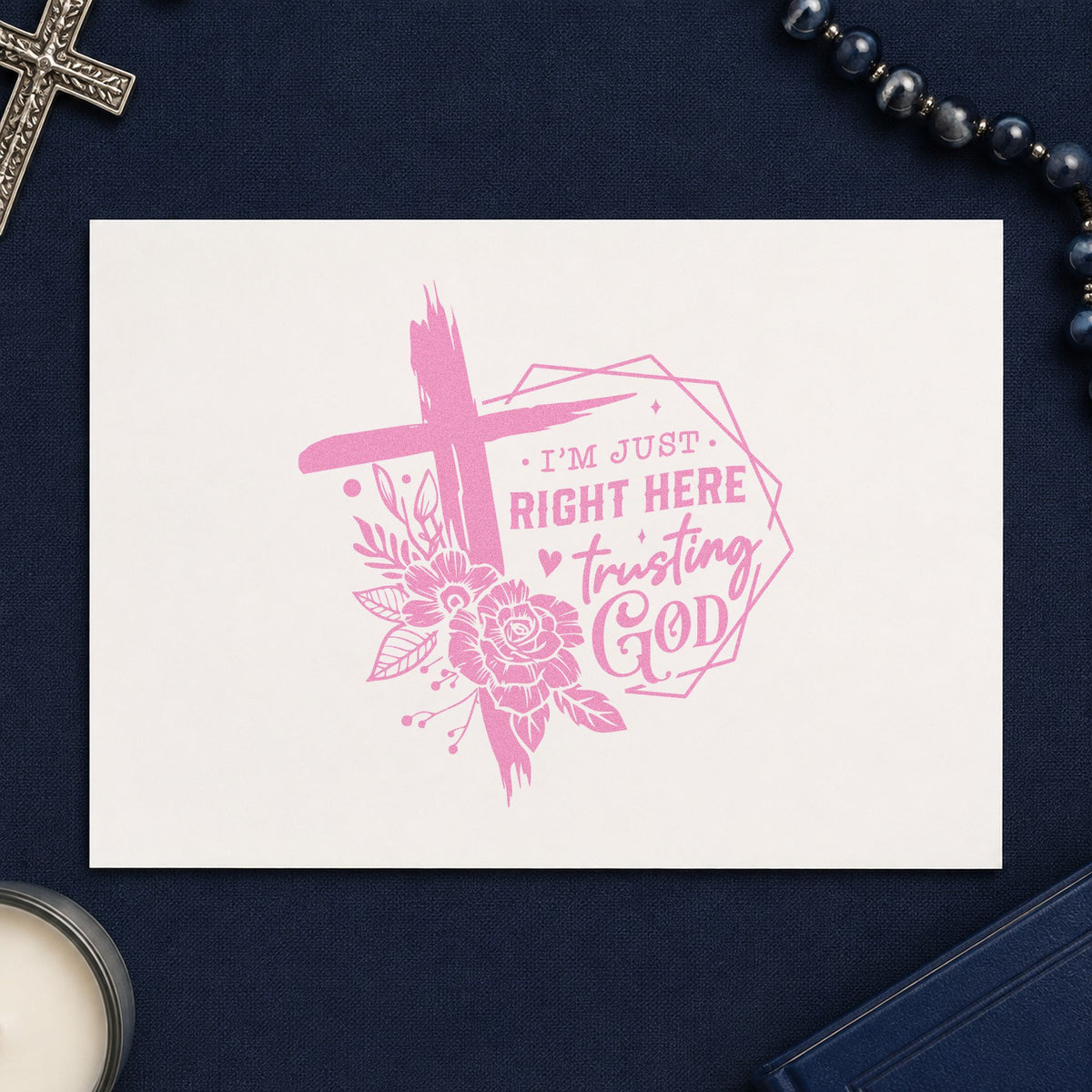Trusting God Geometric Roses craft stamp in purple ink on cardstock, an easy option for milestone gift tags.
