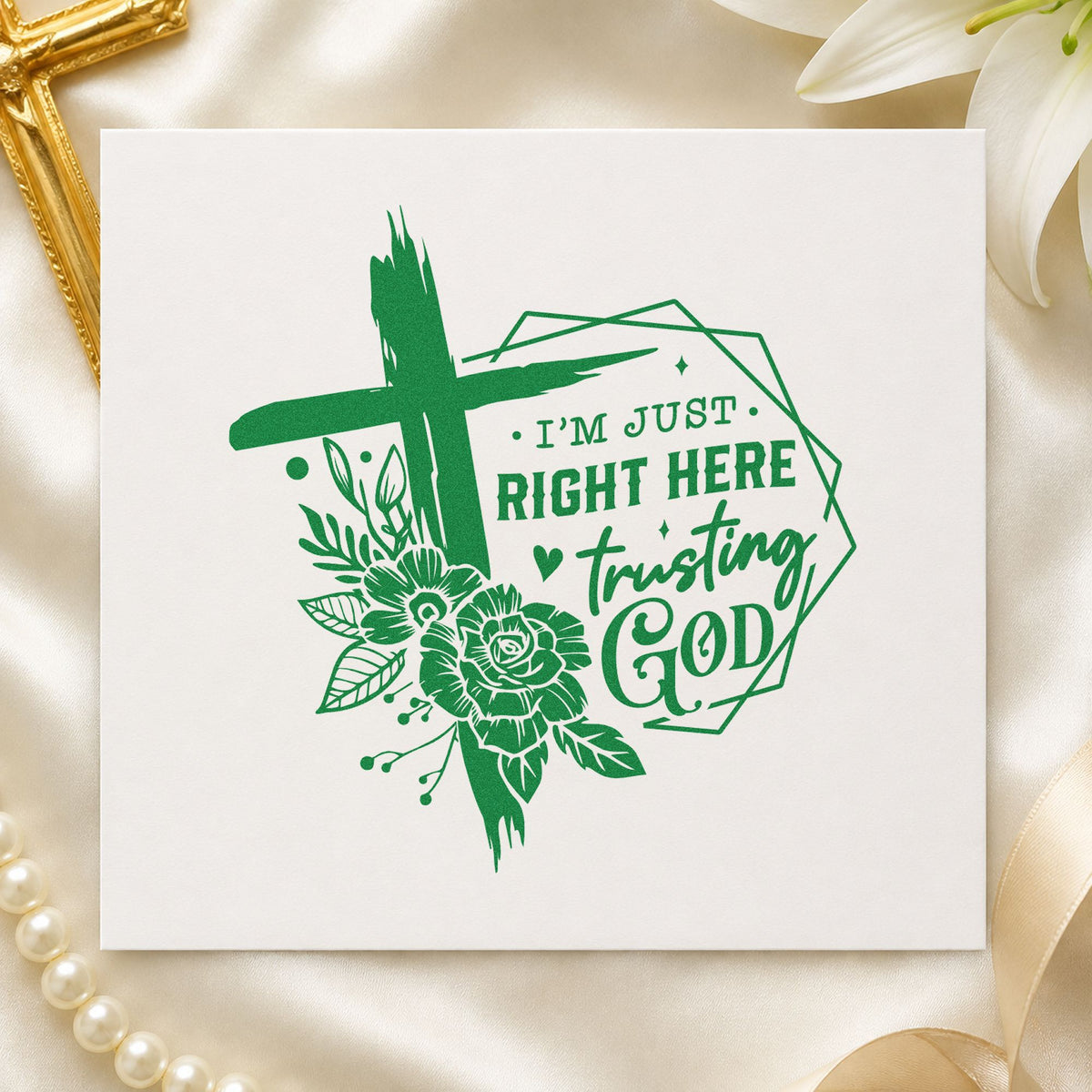 Trusting God Geometric Roses craft stamp imprint in green ink on a handmade project, one idea being guest book pages.