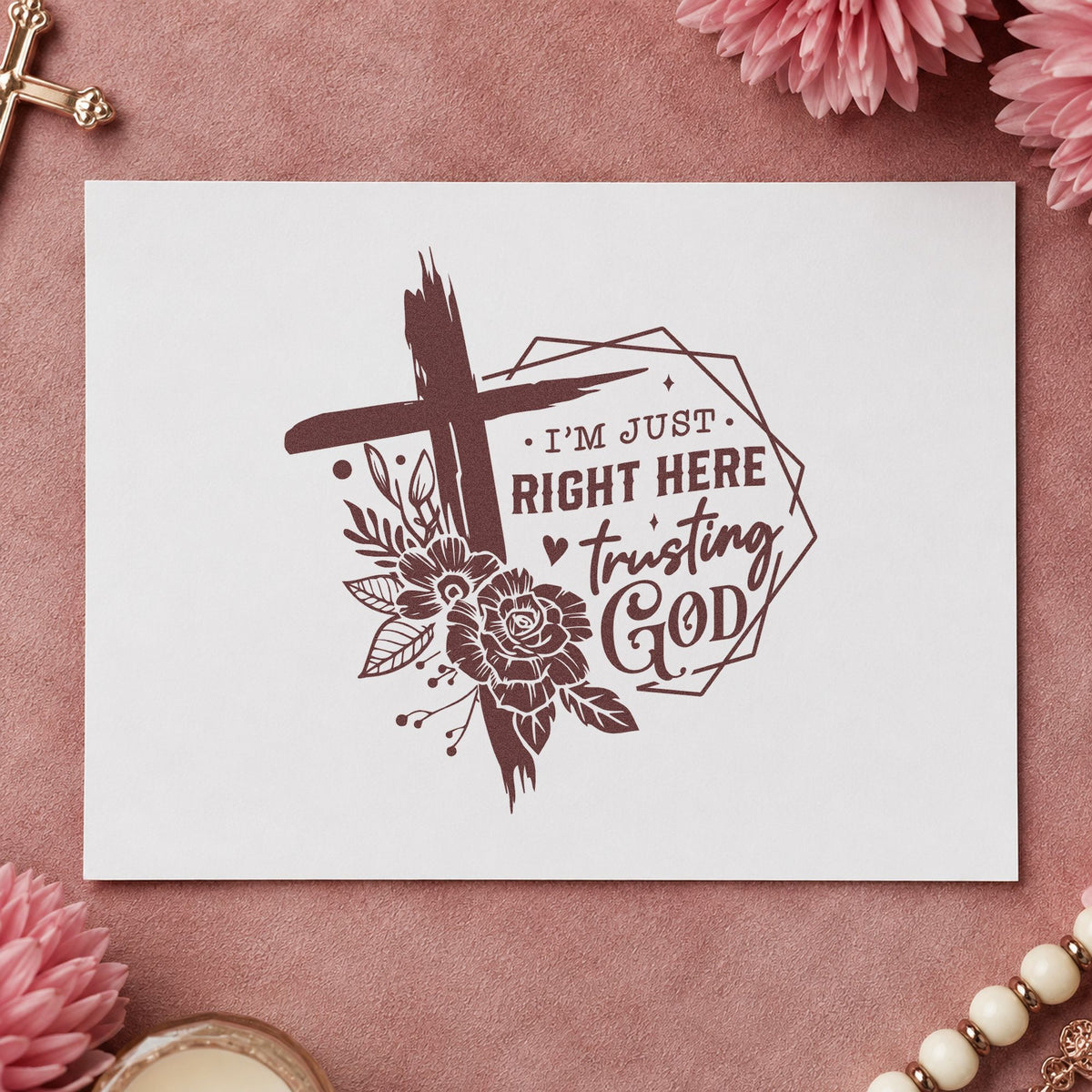 Trusting God Geometric Roses rubber stamp printed in brown ink, ready for wine bottle hangers and similar paper crafts.