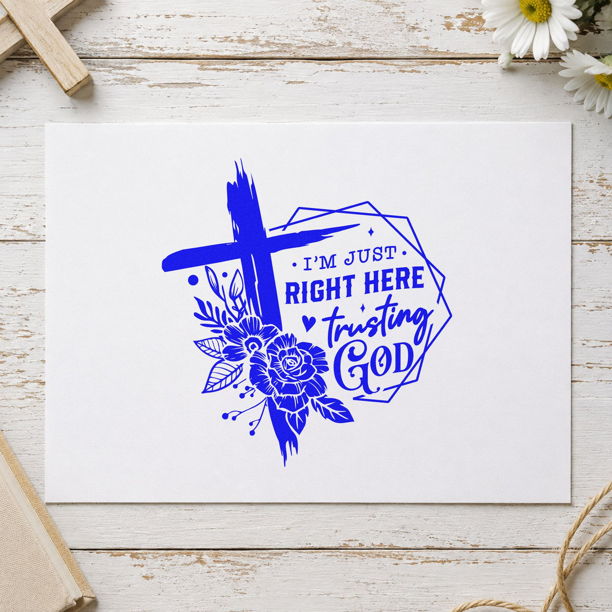 Trusting God Geometric Roses craft stamp in blue ink on cardstock, an easy option for apron chest panels.