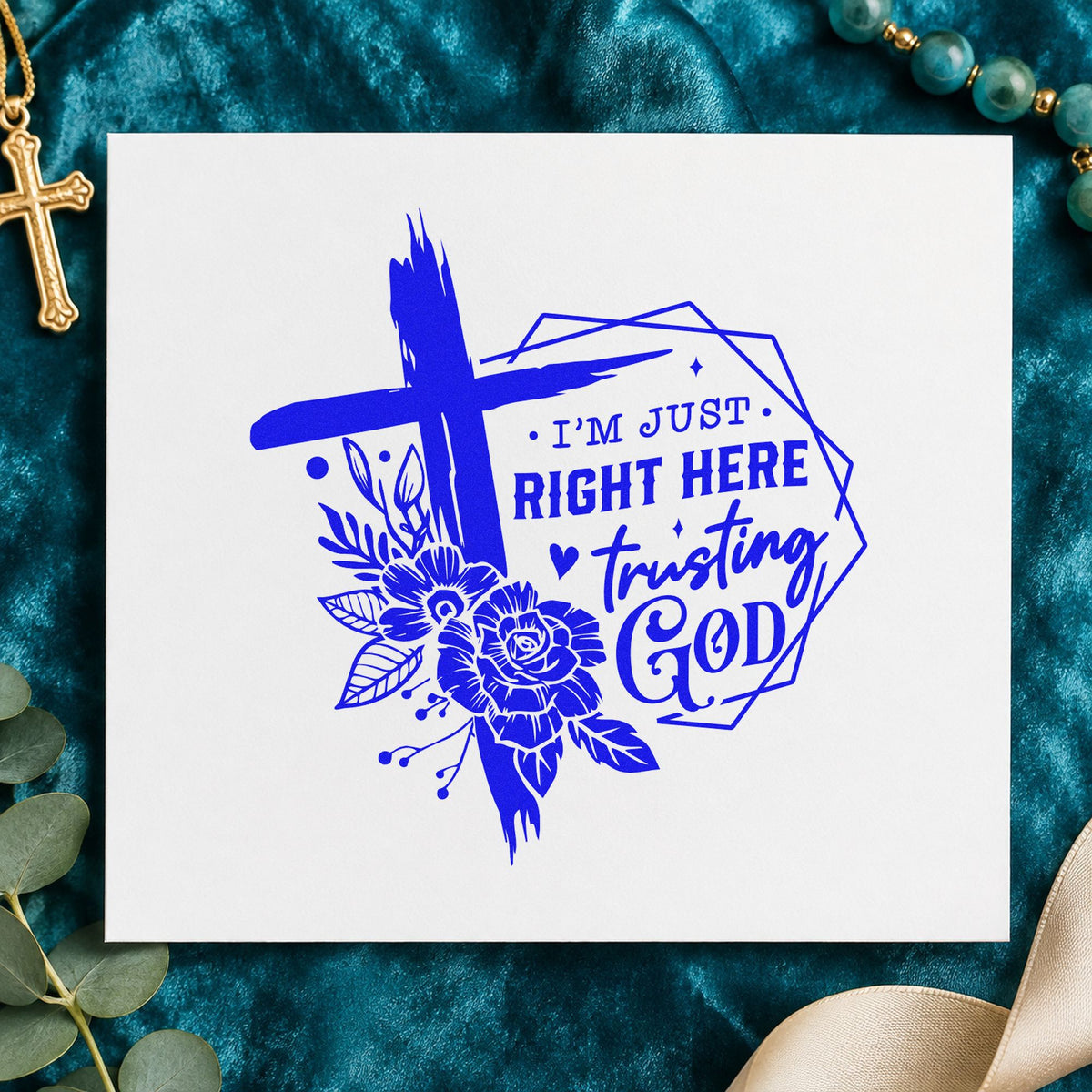 Trusting God Geometric Roses craft stamp imprinted in blue ink on paper, a design suited to spa gift set labels.