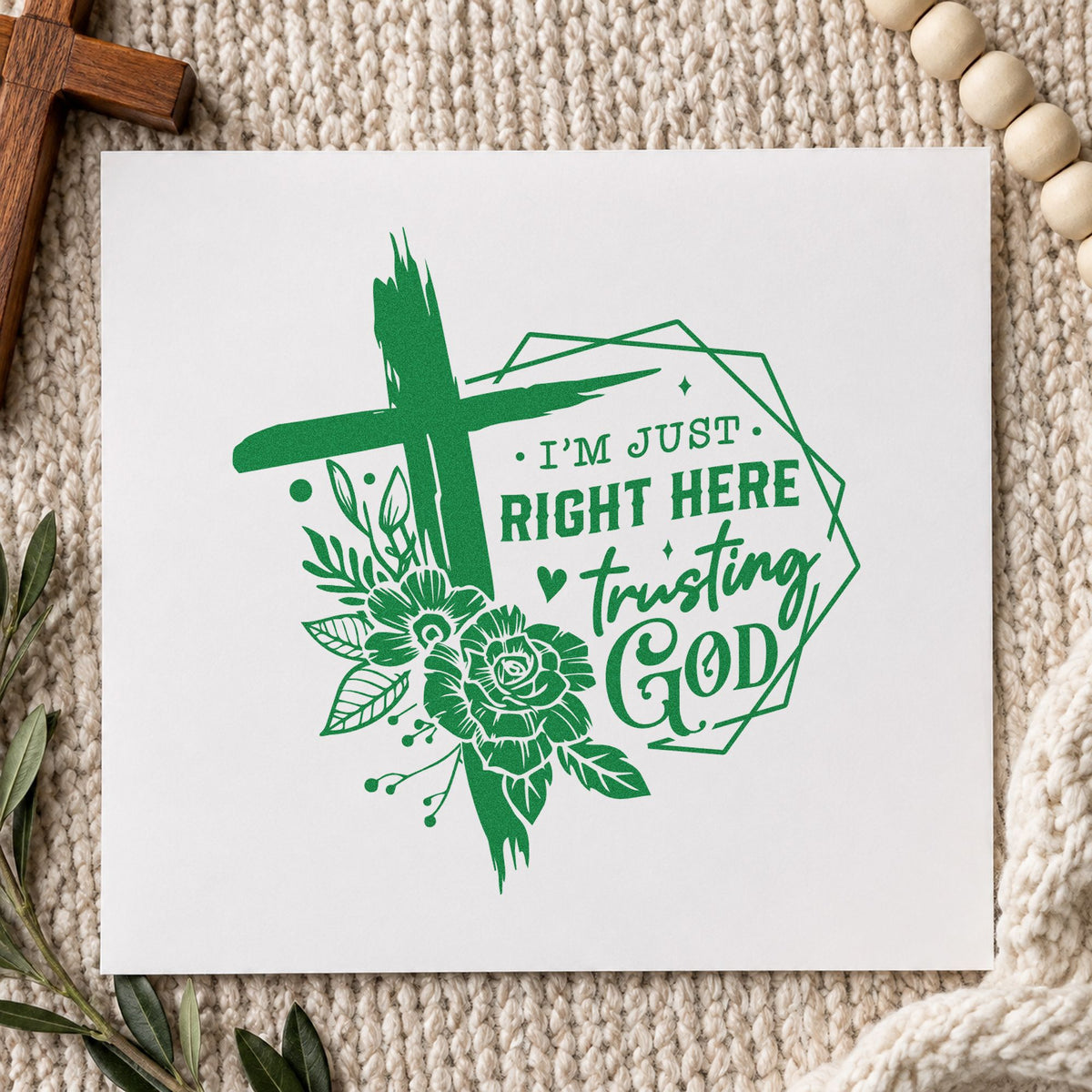 Trusting God Geometric Roses craft stamp imprint in green ink on a handmade project, one idea being framed dining art.