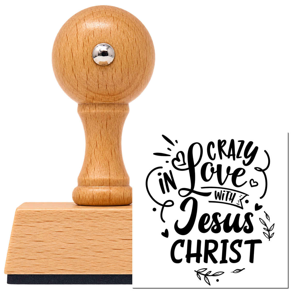Vintage Pro beech wood stamp with a round knob handle, shown with its black Crazy In Love With Jesus Christ Leaf Accents imprint on white.