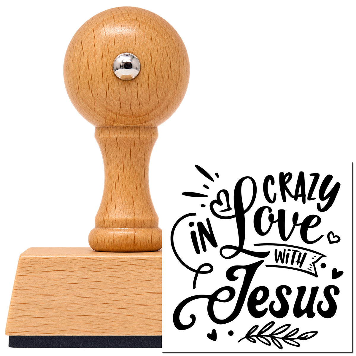 Vintage Pro beech wood stamp with a round knob handle, shown with its black Crazy In Love With Jesus imprint on white.