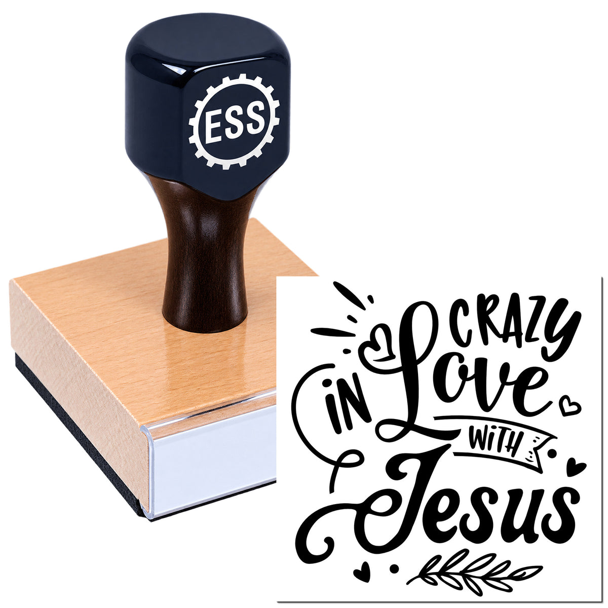 Black rubber stamp seal on a wooden block with ESS logo and a decorative "Crazy Love with Jesus" black imprint.
