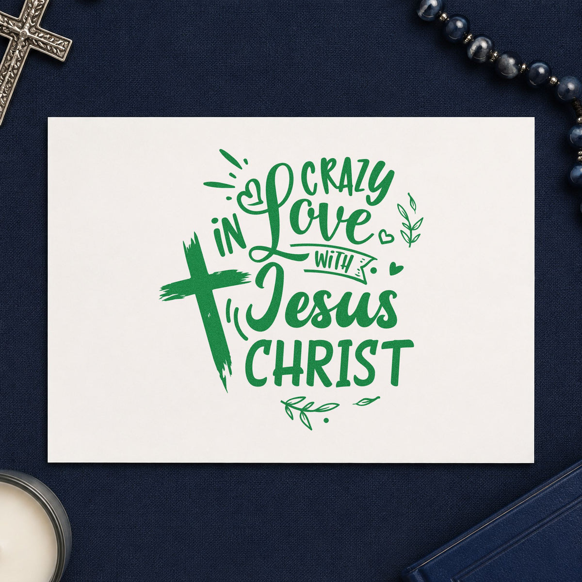 Crazy in Love Cross Left craft stamp imprint in green ink on a handmade project, one idea being testimony night pages.