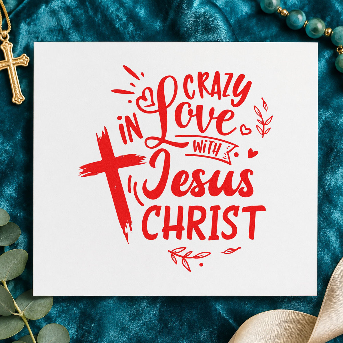 Crazy in Love Cross Left rubber stamp shown in red ink, stamped for projects such as nursing home hymnals.