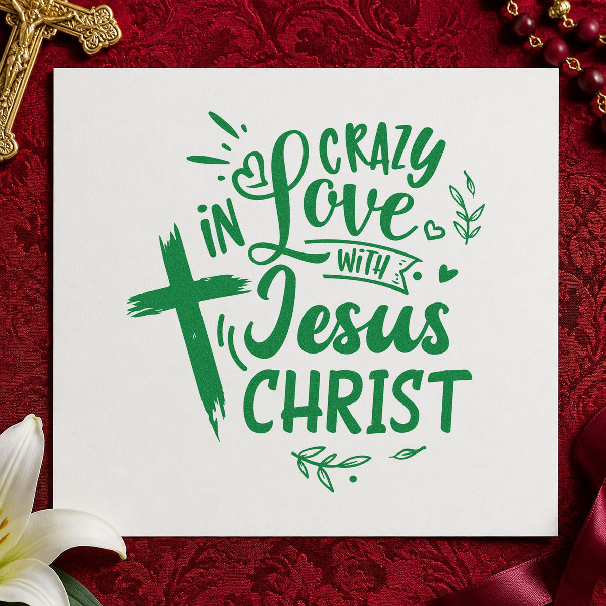 Crazy in Love Cross Left craft stamp imprint in green ink on a handmade project, one idea being framed hall art.
