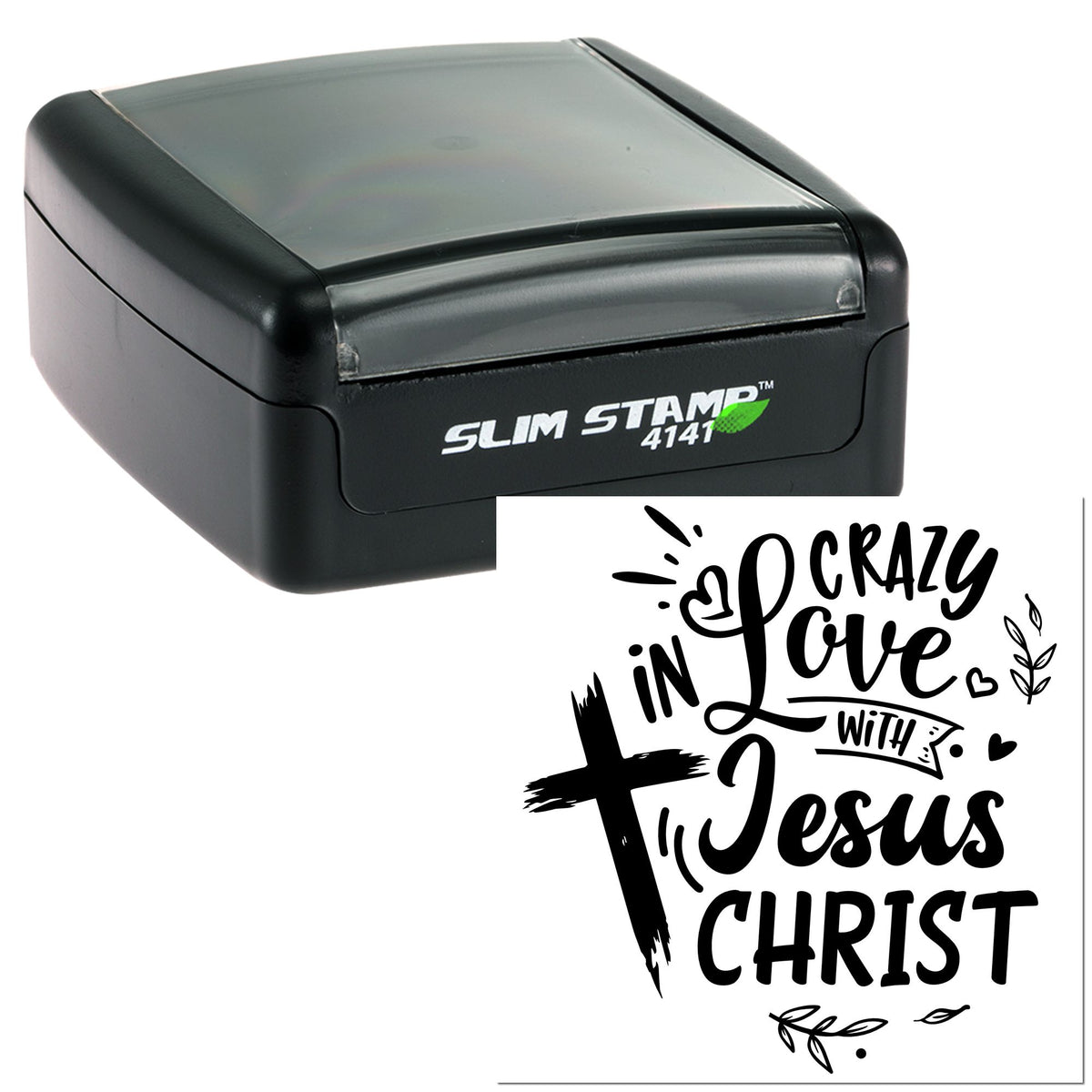 Black slim self-inking stamp and seal with Crazy in Love with Jesus Christ design in black, with leaf accents.