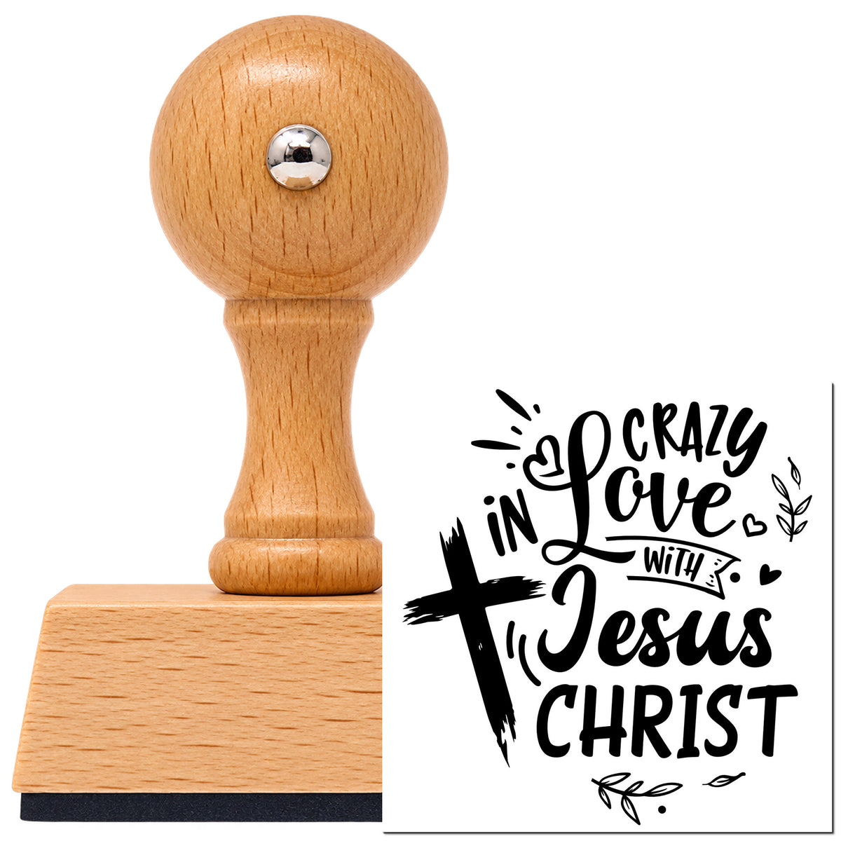 Vintage Pro beech wood stamp with a round knob handle, shown with its black Crazy In Love Cross Left Leaf Accents imprint on white.
