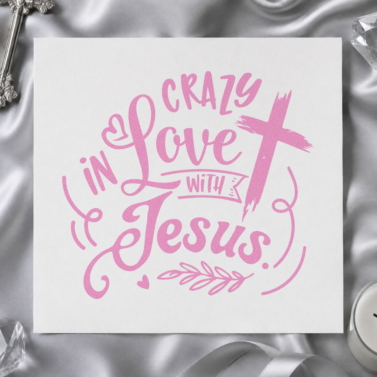 Crazy in Love Cross Right craft stamp in purple ink on cardstock, an easy option for garden party tags.