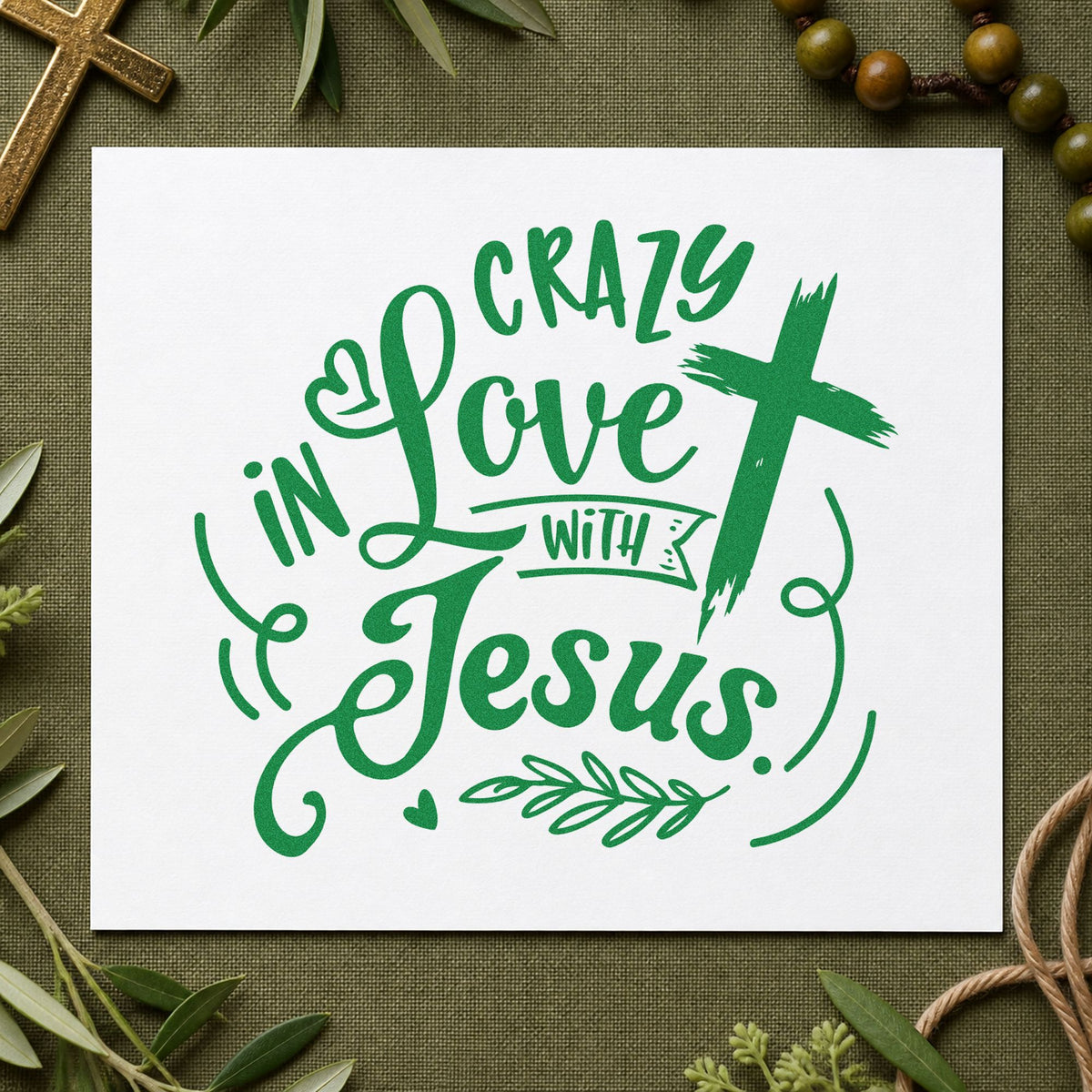 Crazy in Love Cross Right craft stamp imprint in green ink on a handmade project, one idea being herb jar labels.
