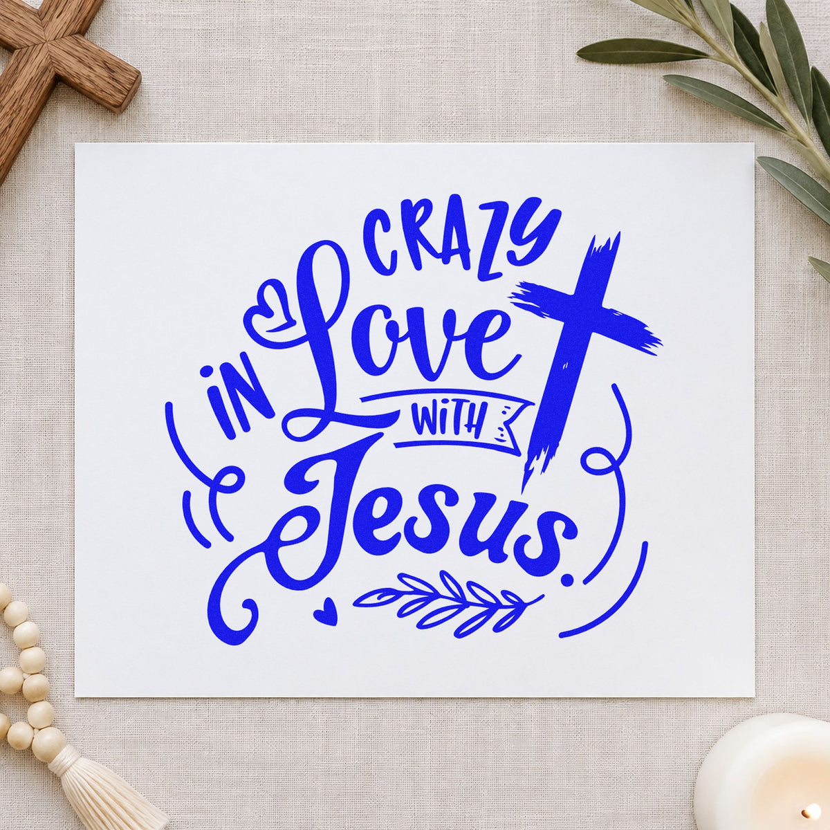 Crazy in Love Cross Right craft stamp in blue ink on cardstock, an easy option for linen runner ends.