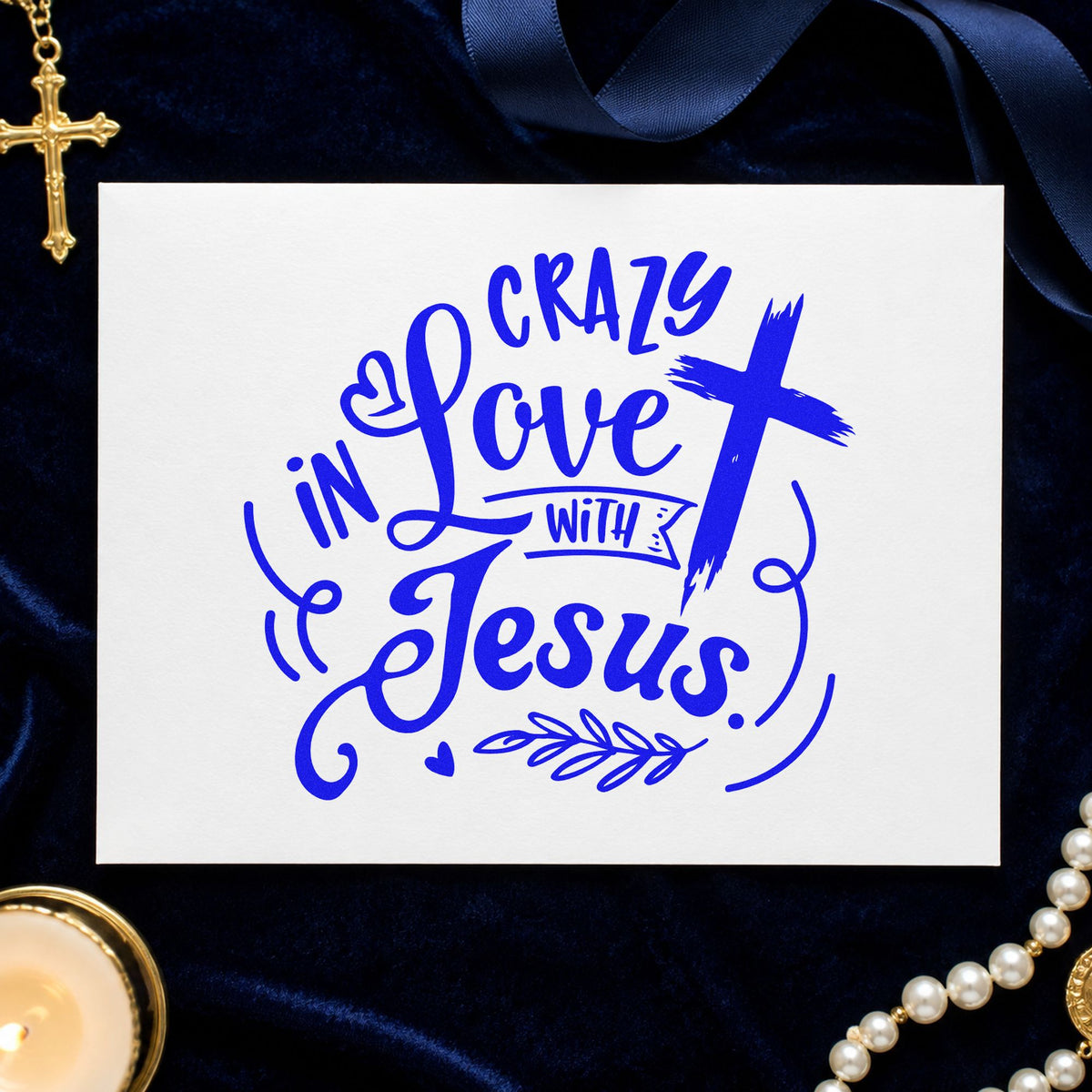 Crazy in Love Cross Right craft stamp imprinted in blue ink on paper, a design suited to florist ribbon bands.