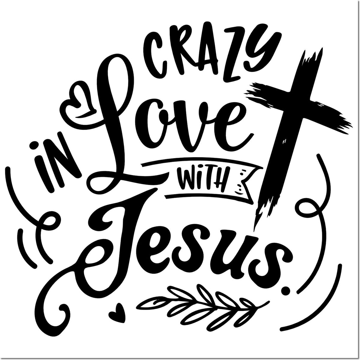 Black stamp and seal design reading Crazy in Love with Jesus with cross, heart, and leaf accents on white.