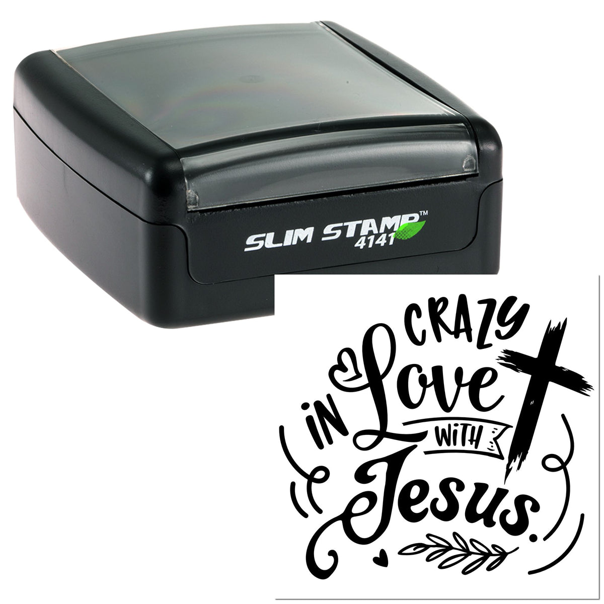 Black self-inking stamp and decorative seal with Crazy in Love with Jesus design on white background.