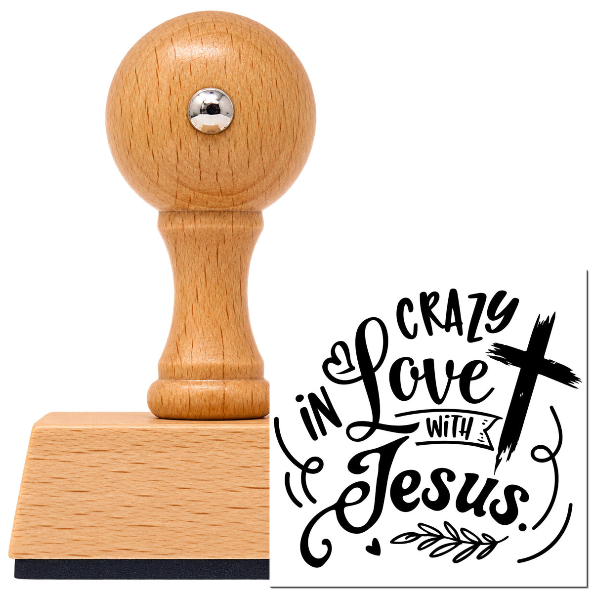 Vintage Pro beech wood stamp with a round knob handle, shown with its black Crazy In Love Cross Right imprint on white.
