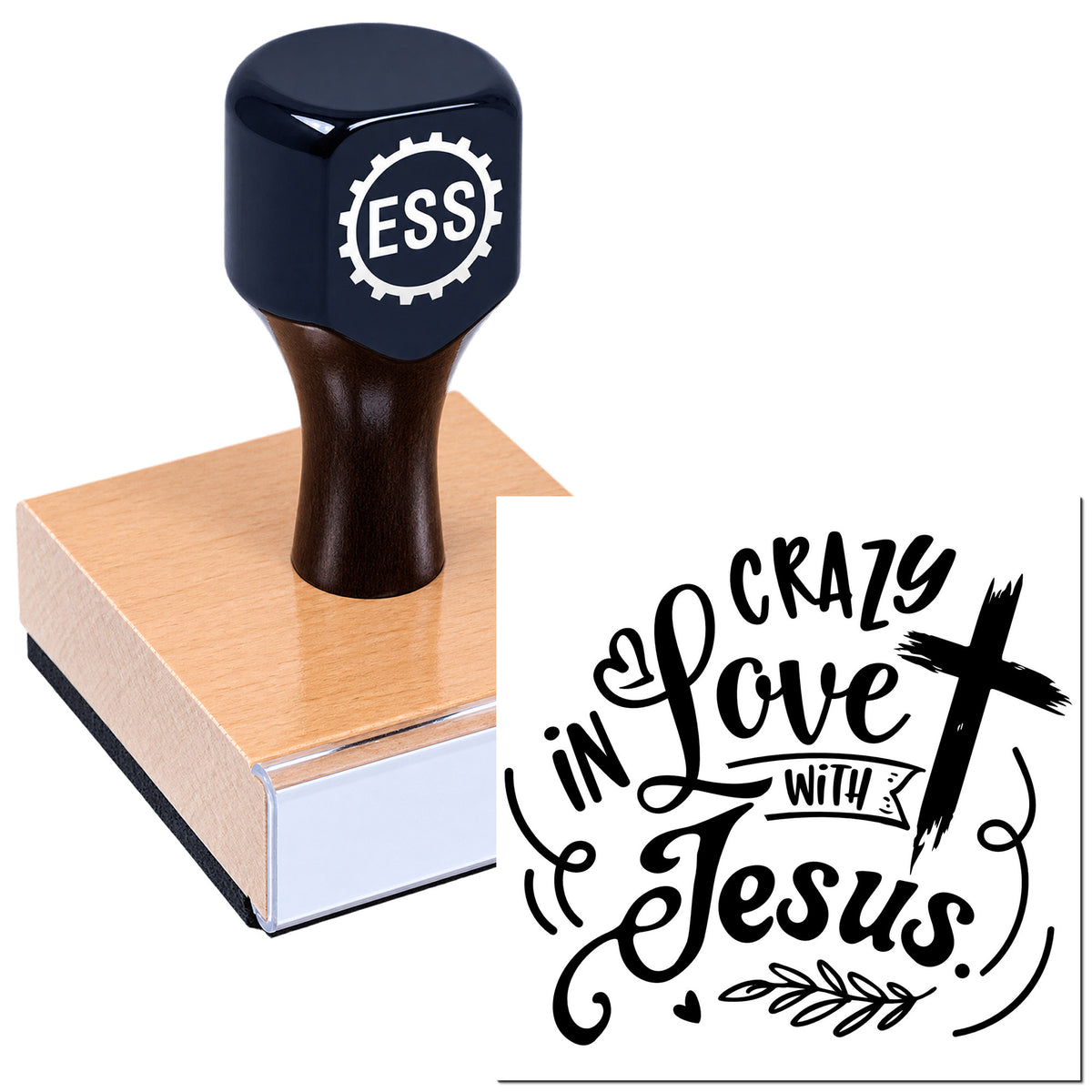 Navy ESS rubber stamp on a wooden seal block, with black "Crazy in Love with Jesus" lettering.