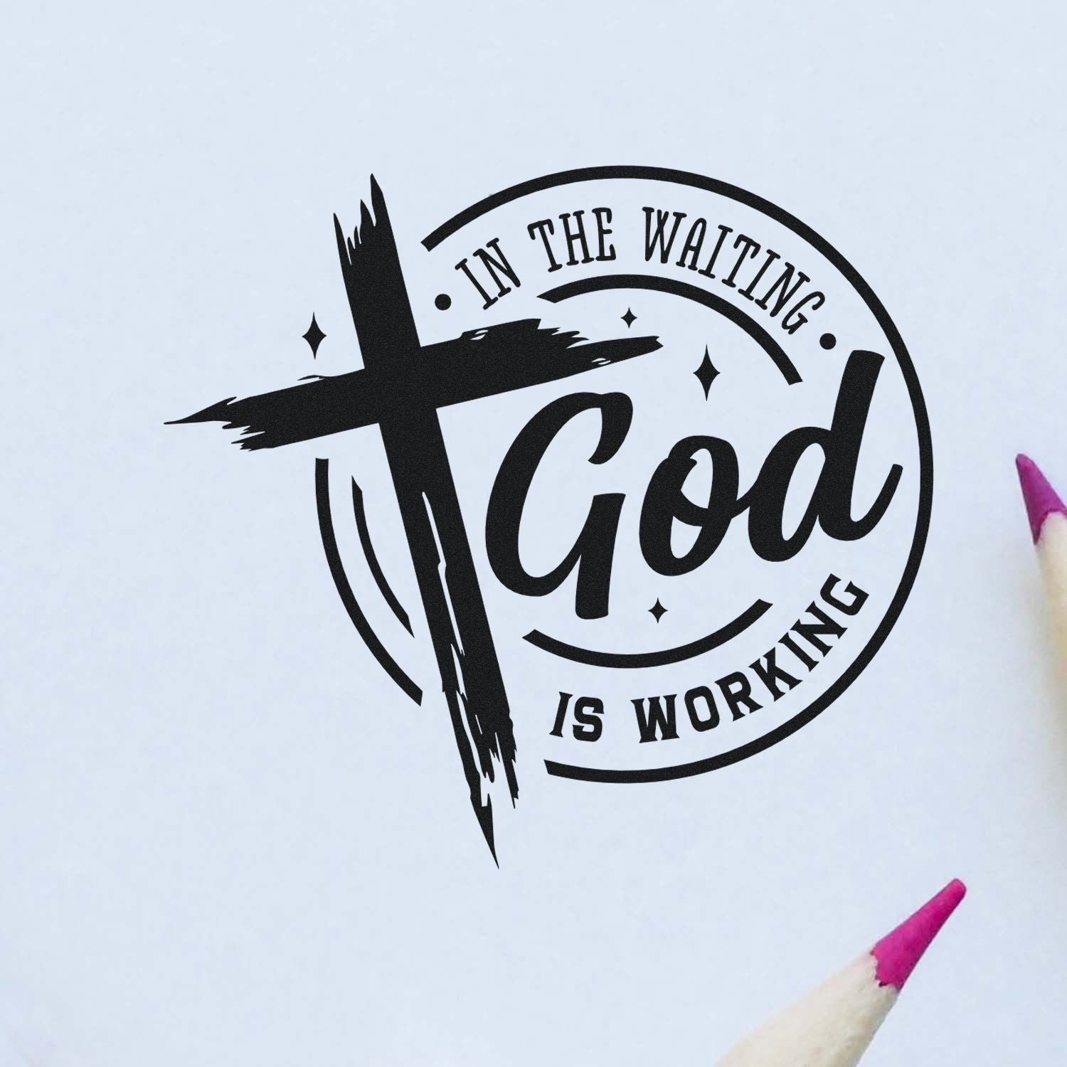 Black faith-based stamp seal with cross and In the waiting God is working in black on white paper.
