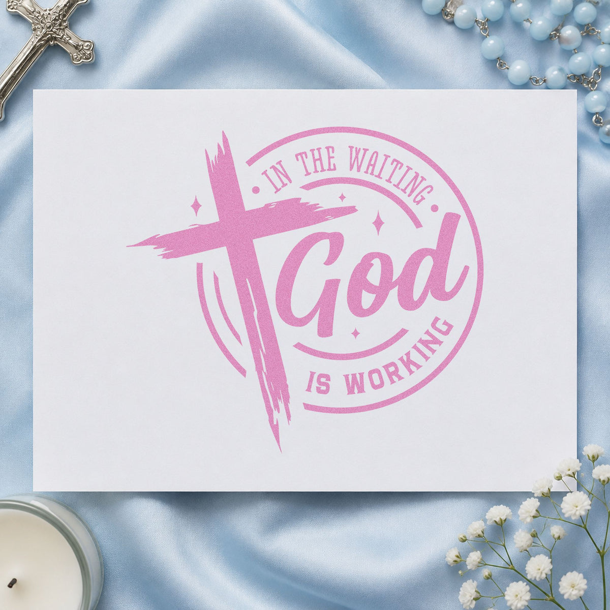 In the Waiting God Works Badge craft stamp in purple ink on cardstock, an easy option for interview day tags.