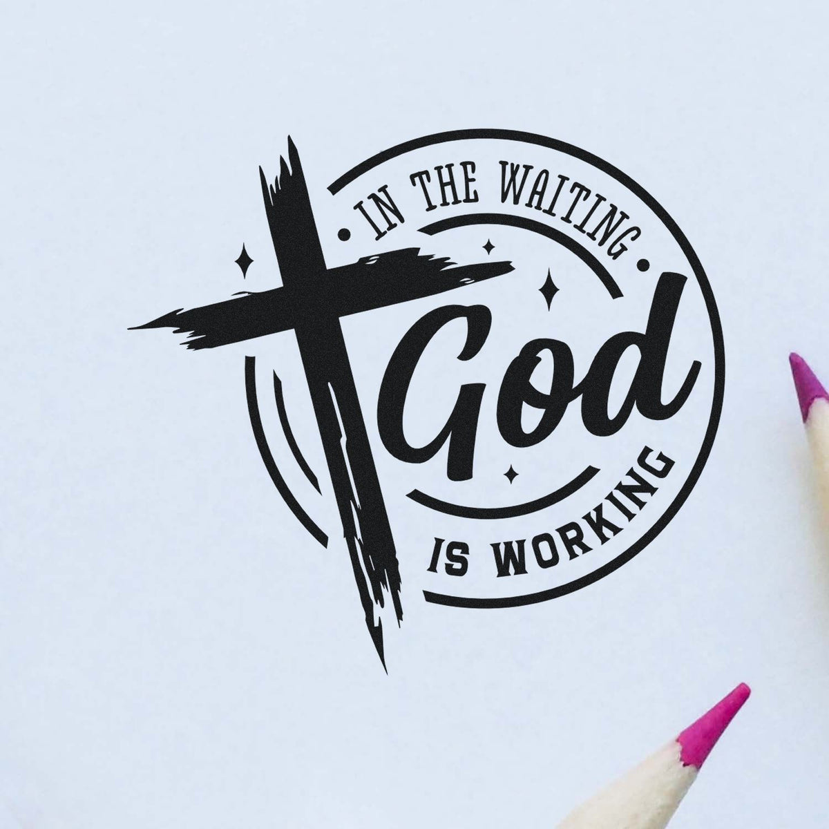Black Christian stamp seal reading In the waiting God is working with brush-stroke cross on white background.