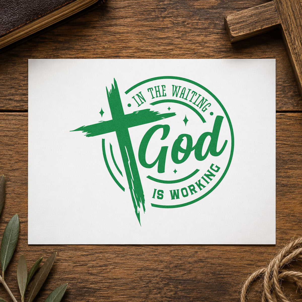 In the Waiting God Works Badge craft stamp imprint in green ink on a handmade project, one idea being sourdough jar labels.