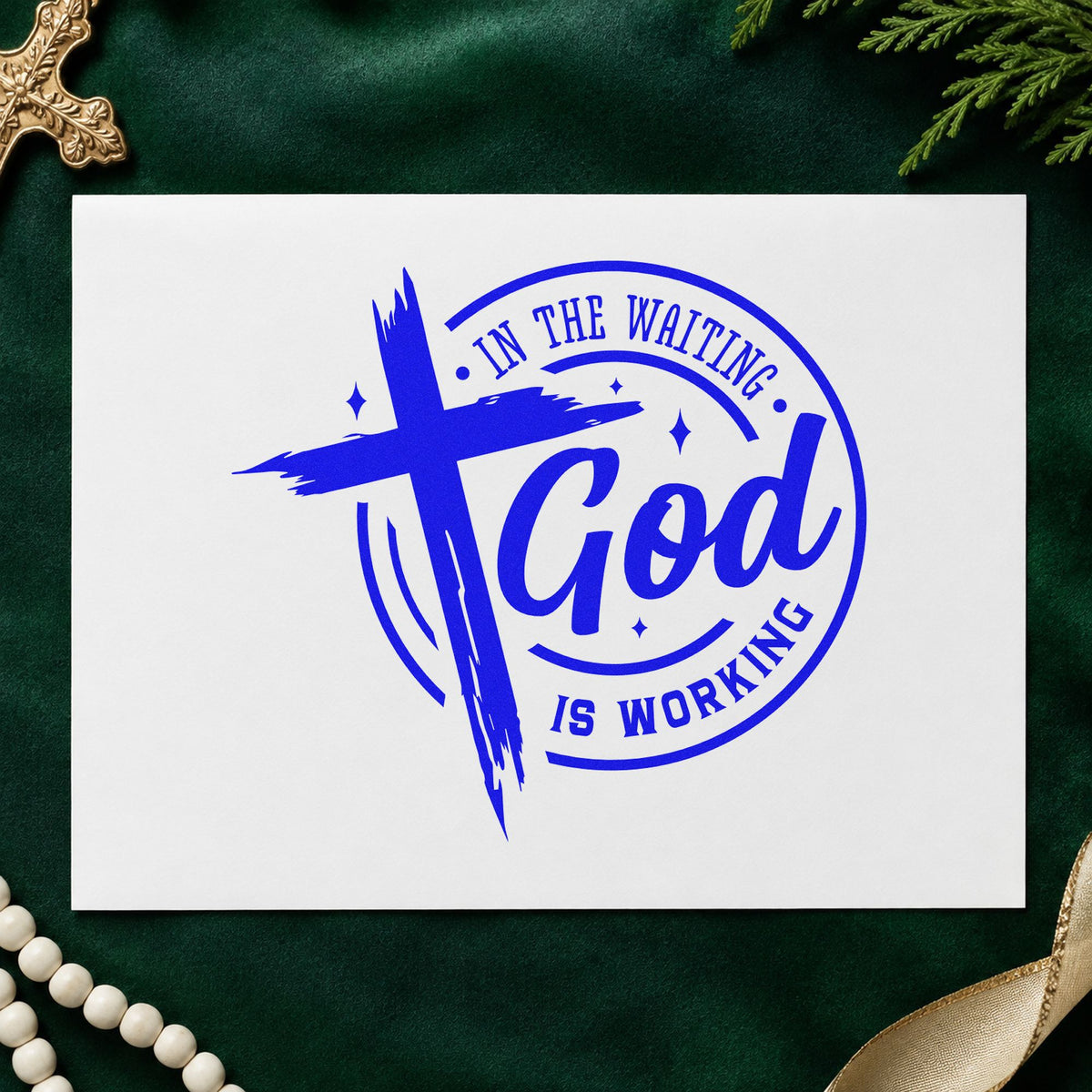 In the Waiting God Works Badge craft stamp in blue ink on cardstock, an easy option for waiting list bookmarks.