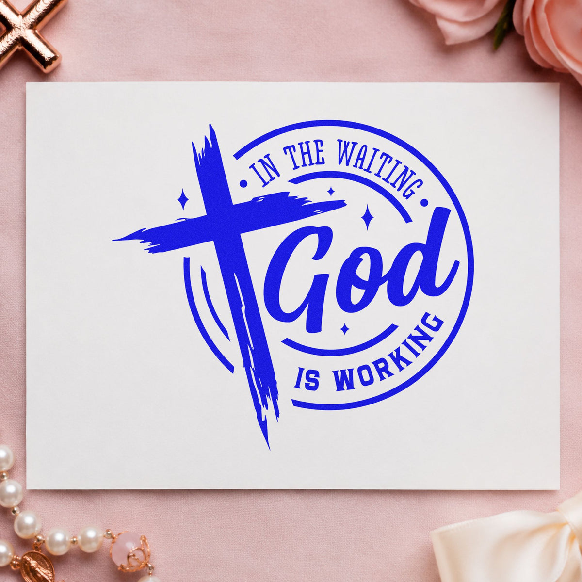 In the Waiting God Works Badge craft stamp imprinted in blue ink on paper, a design suited to infertility care totes.