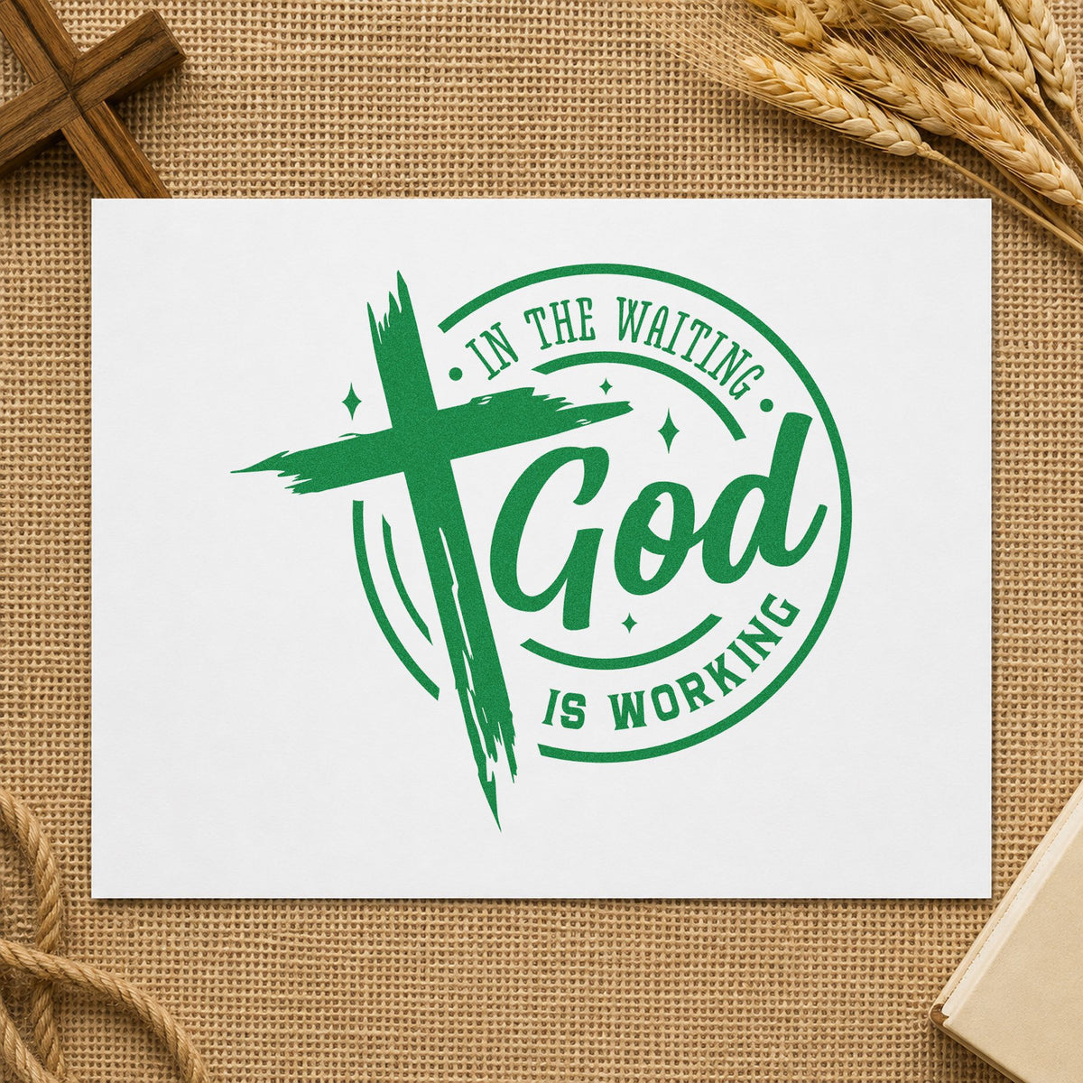In the Waiting God Works Badge craft stamp imprint in green ink on a handmade project, one idea being framed laundry art.