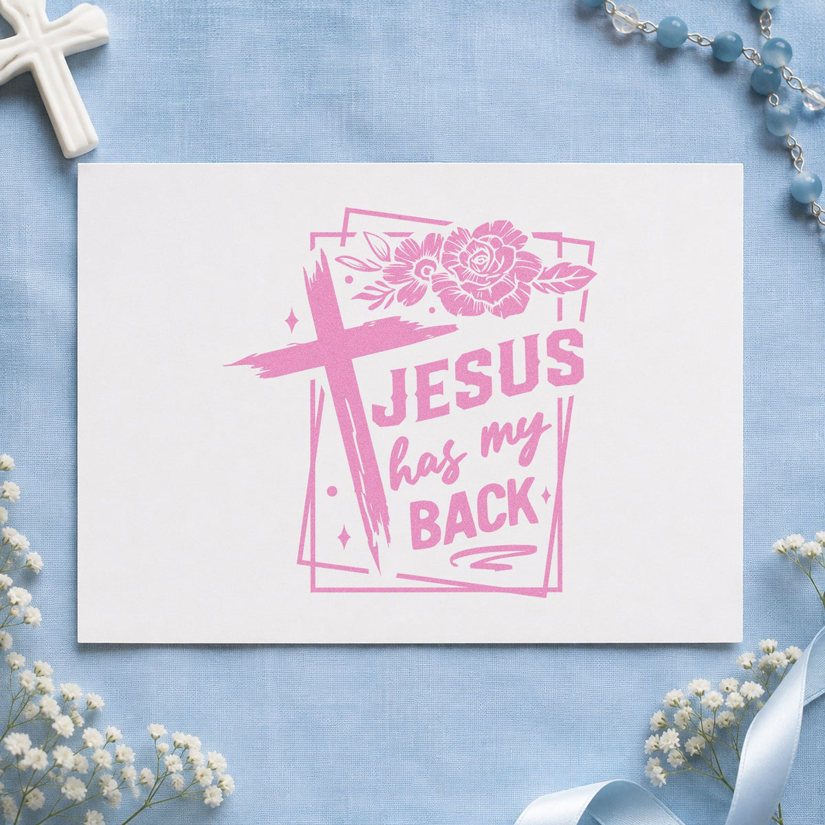 Jesus Has My Back Rose Frame craft stamp in purple ink on cardstock, an easy option for rearview mirror tags.