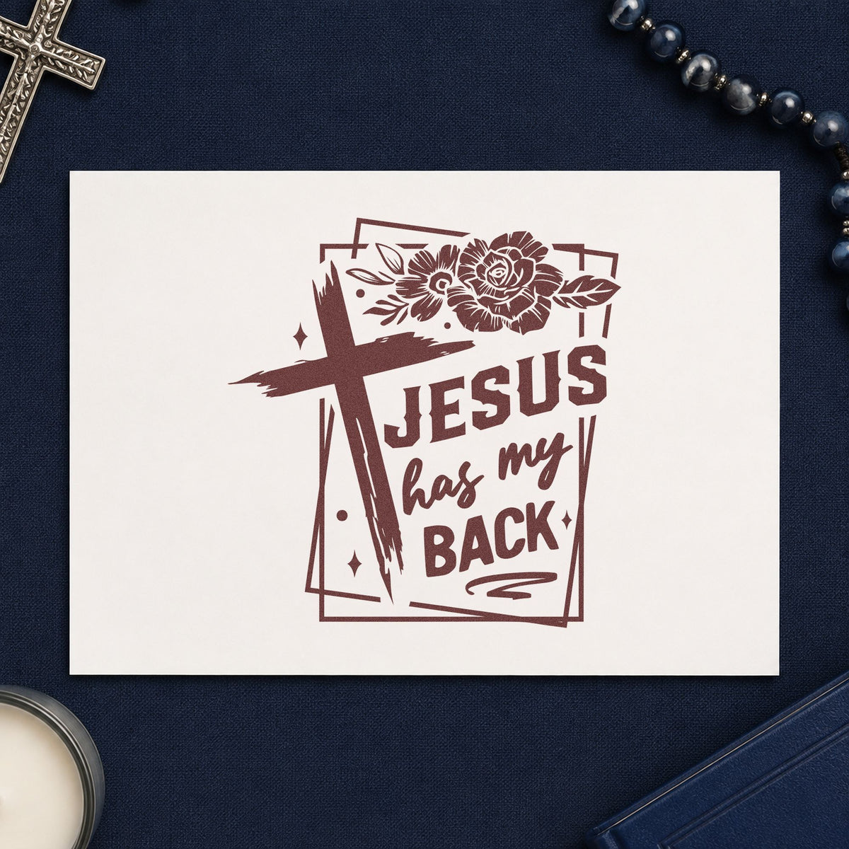 Jesus Has My Back Rose Frame rubber stamp printed in brown ink, ready for sports banquet programs and similar paper crafts.