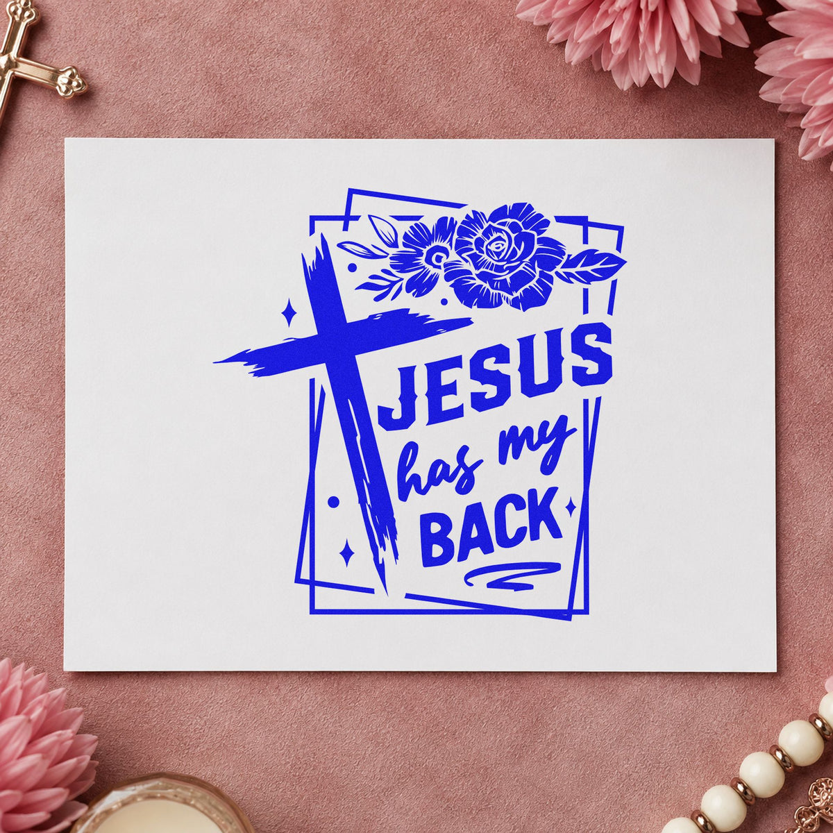 Jesus Has My Back Rose Frame craft stamp imprinted in blue ink on paper, a design suited to trucker visor cards.