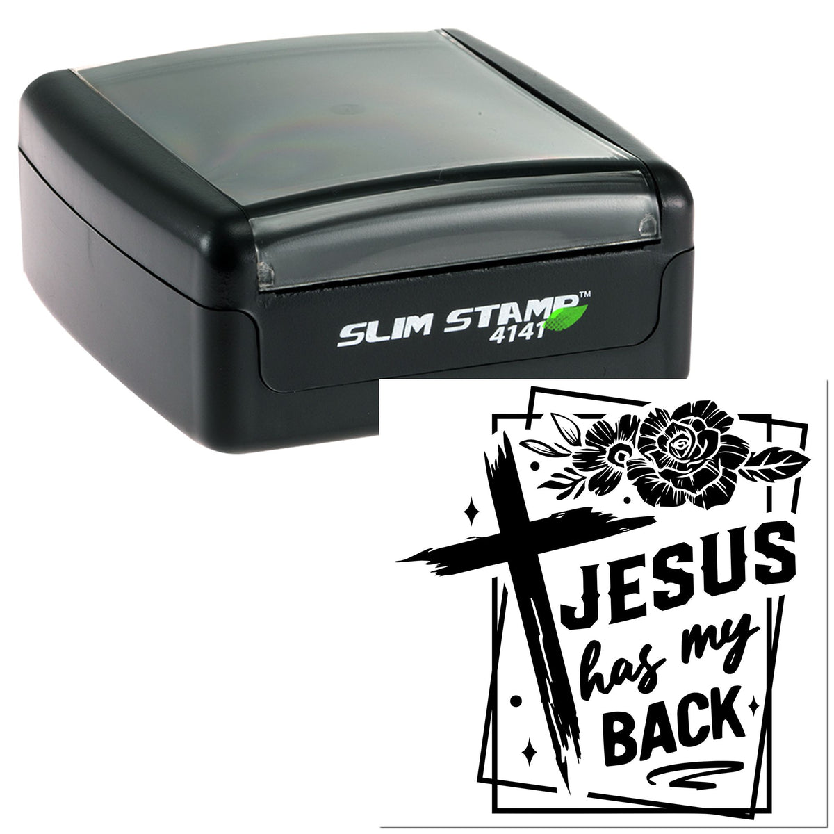 Black Slim Stamp 4141 self-inking stamp and black Jesus has my back floral seal design