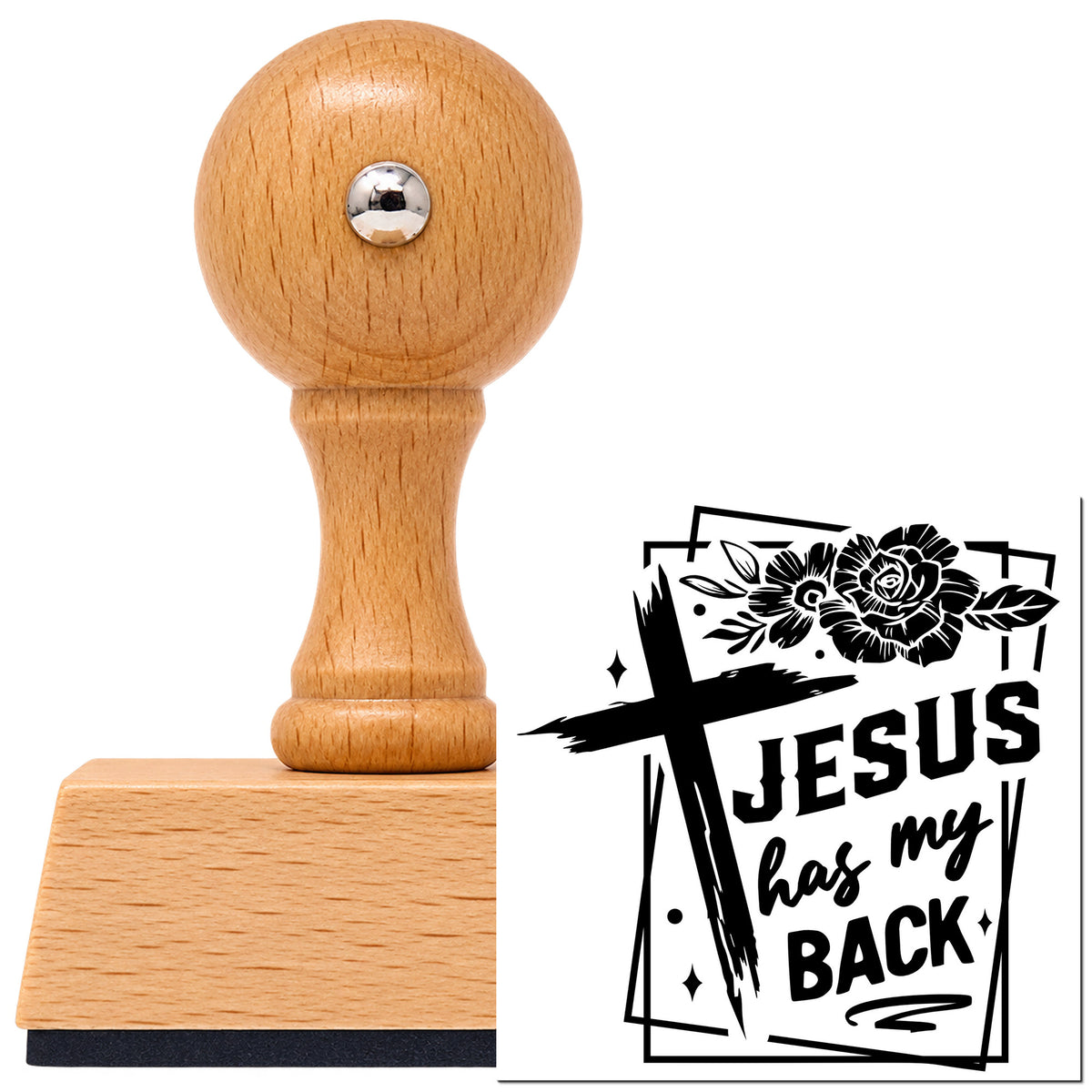 Vintage Pro beech wood stamp with a round knob handle, shown with its black Jesus Has My Back Rose Frame imprint on white.