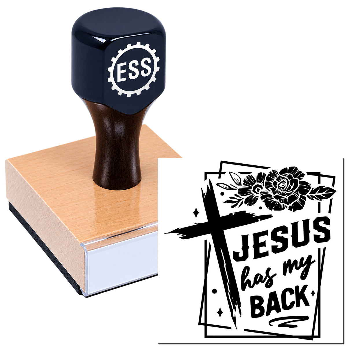 Black ESS custom stamp on wooden block beside black JESUS has my BACK seal design.
