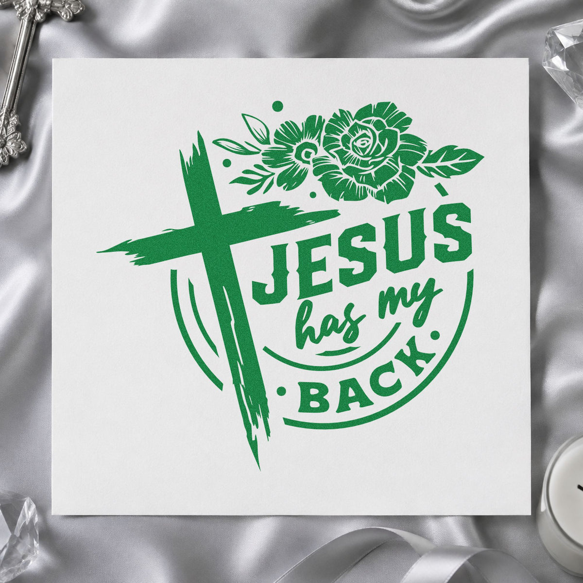 Jesus Has My Back Rose Badge craft stamp imprint in green ink on a handmade project, one idea being round coaster crafts.