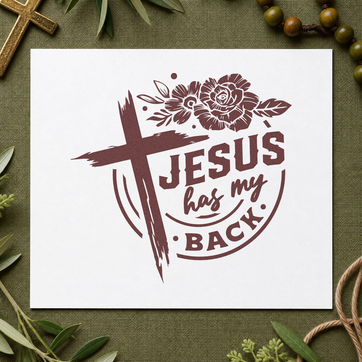 Jesus Has My Back Rose Badge rubber stamp printed in brown ink, ready for devotional bookmarks and similar paper crafts.