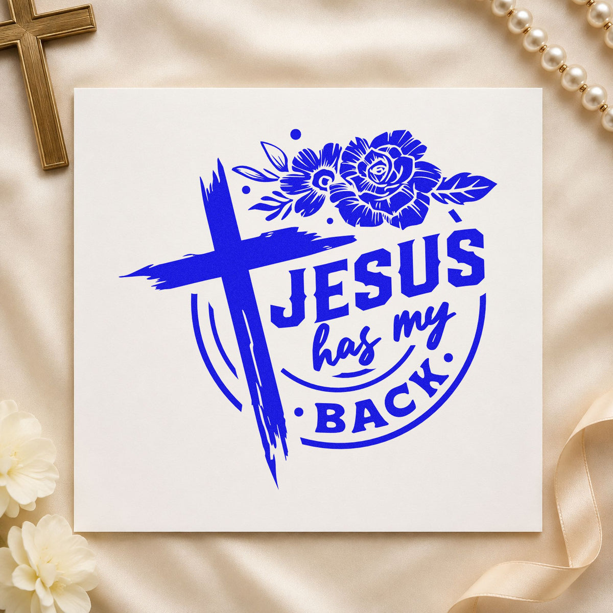 Jesus Has My Back Rose Badge craft stamp in blue ink on cardstock, an easy option for physical therapy totes.