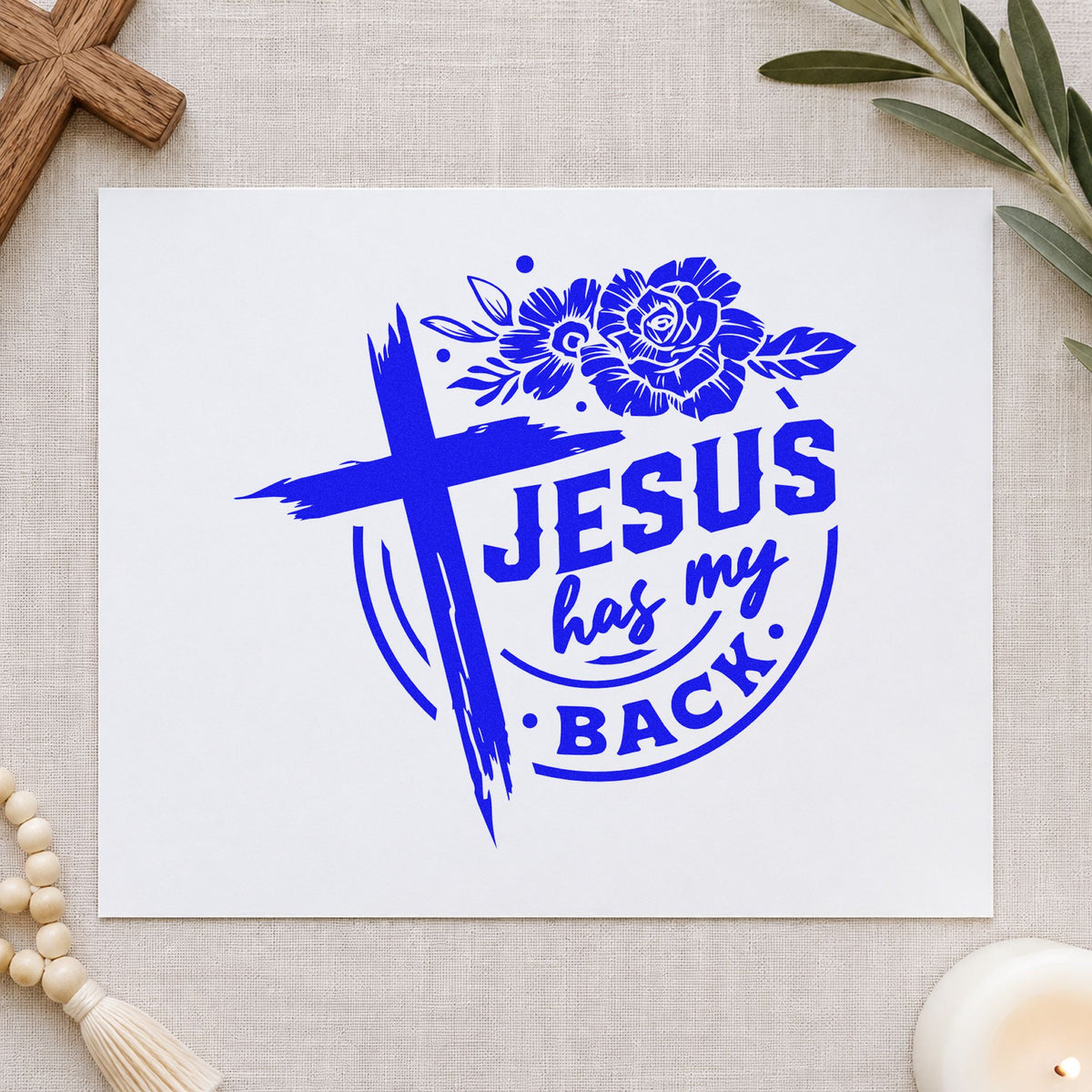 Jesus Has My Back Rose Badge craft stamp imprinted in blue ink on paper, a design suited to jam jar lid labels.