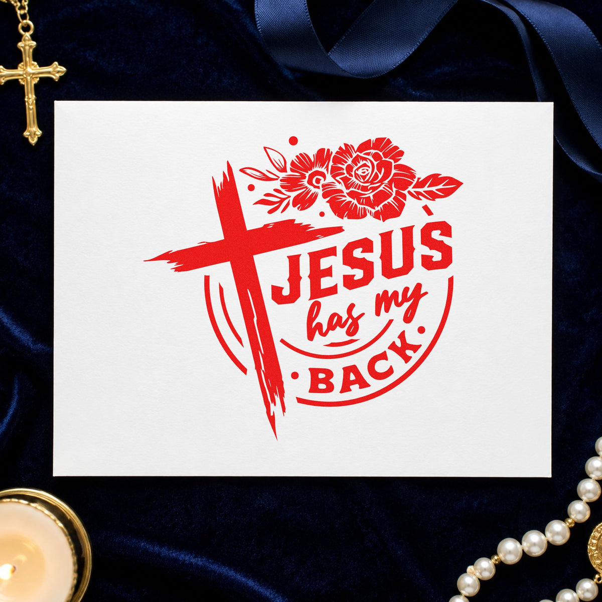 Jesus Has My Back Rose Badge rubber stamp shown in red ink, stamped for projects such as first job notes.