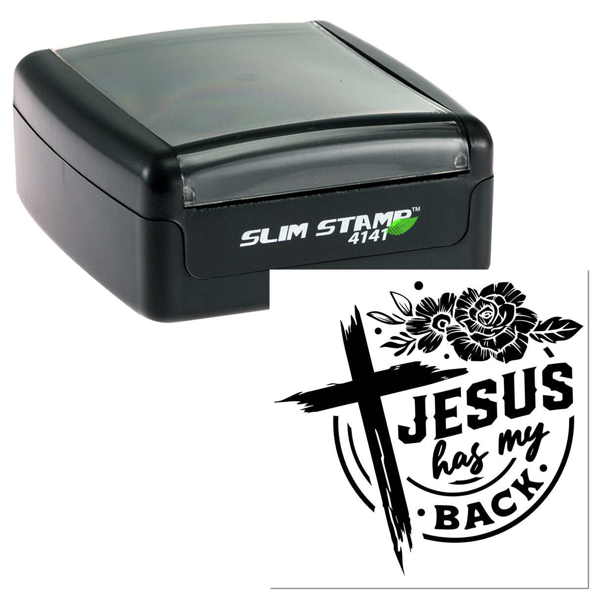 Black self-inking Slim Stamp 4141 with custom seal design, cross, flowers, and Jesus has my back text.