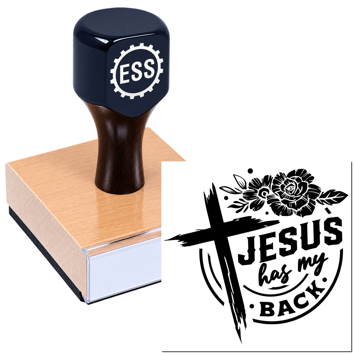 Dark blue ESS rubber stamp on wooden block beside black Jesus has my Back seal design with cross, flowers and bold lettering.