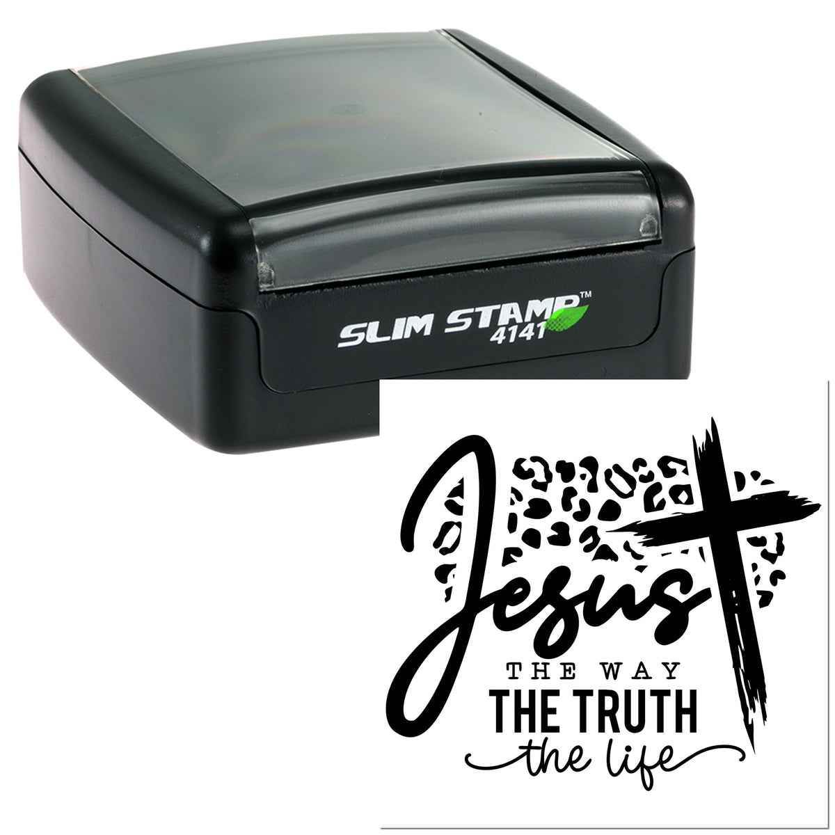 Black self-inking Slim Stamp 4141 with black religious seal reading Jesus, the way, the truth, the life.