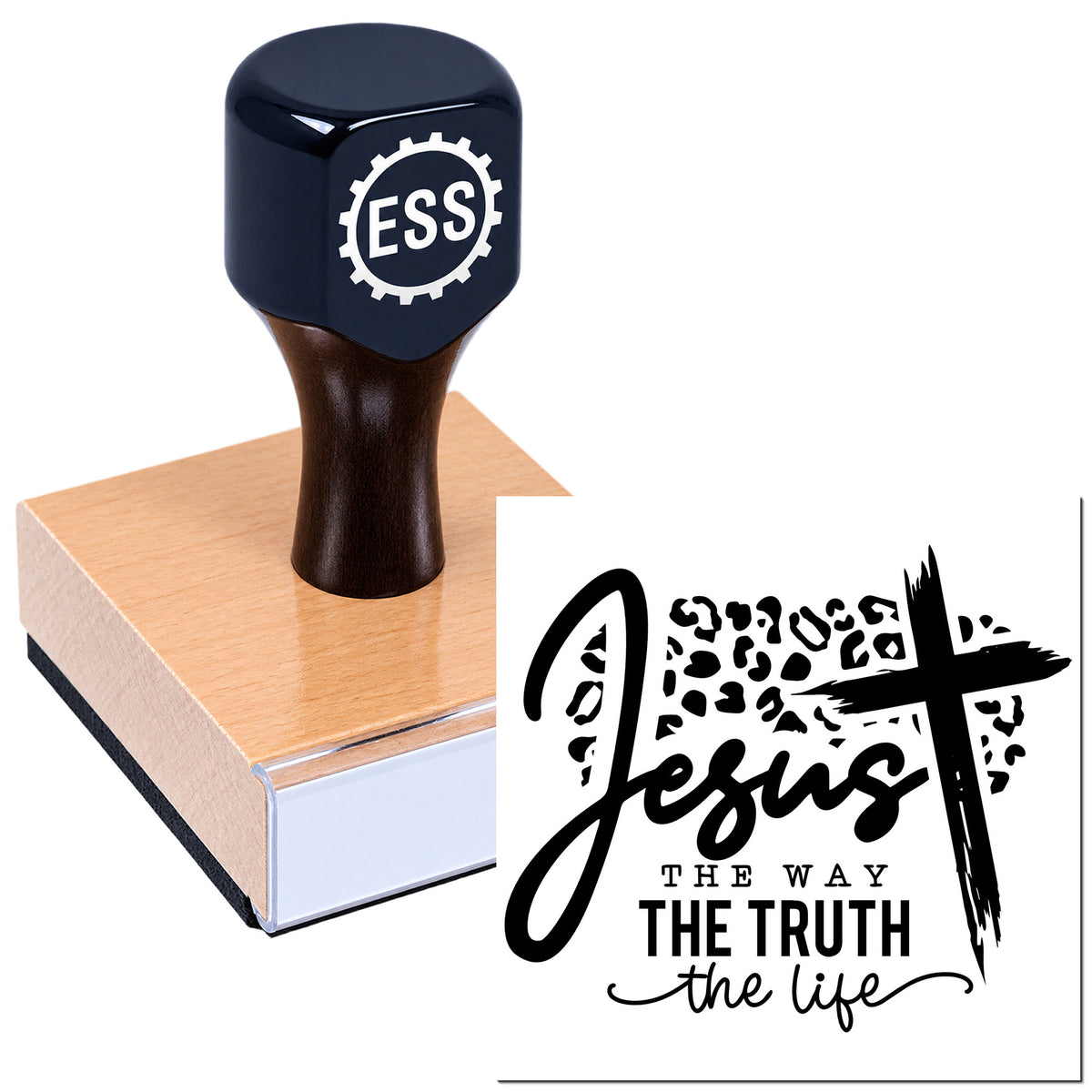 Black ESS rubber stamp on a wooden base beside a bold black seal design reading "Jesus the way the truth the life."