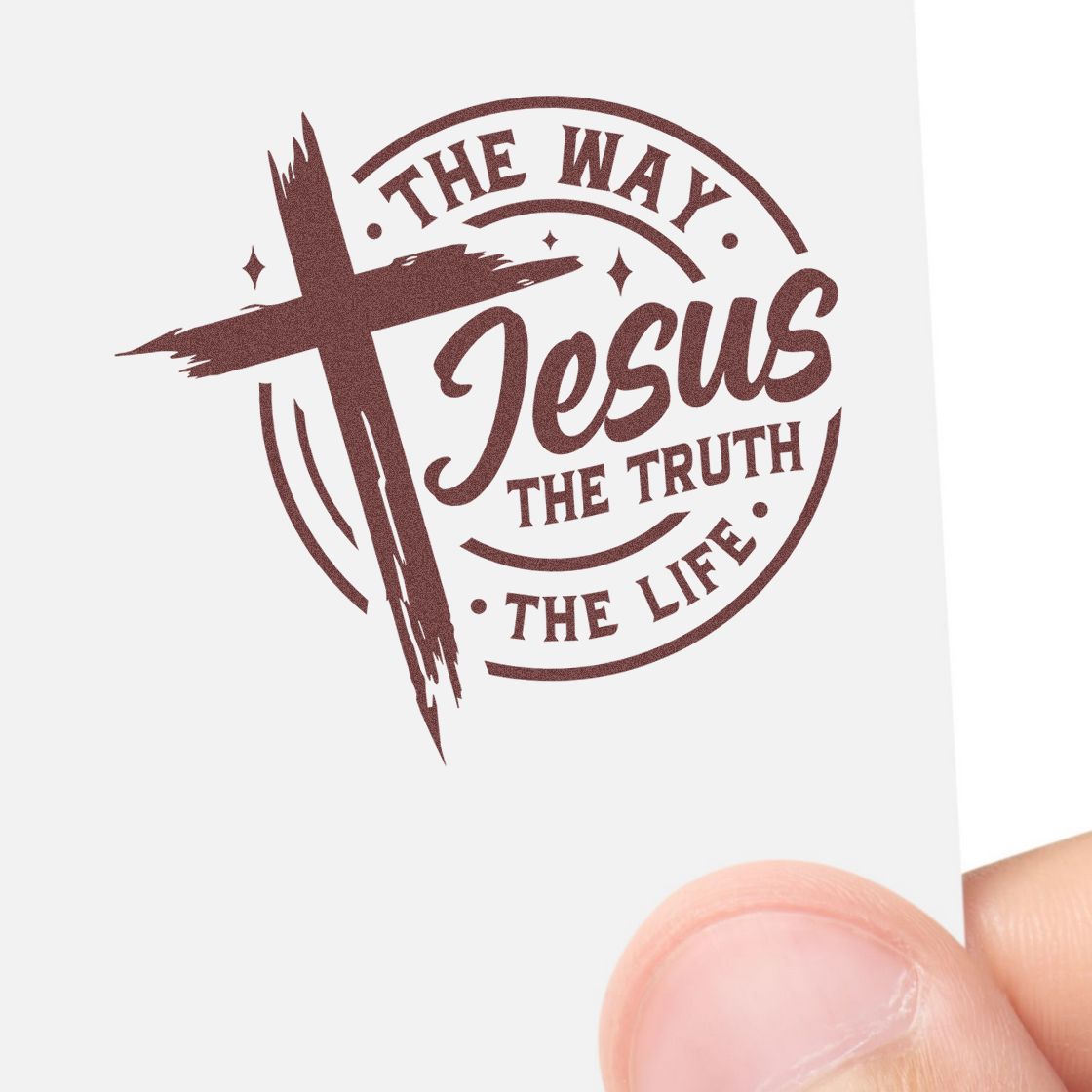 Brown religious stamp seal with cross and text The Way Jesus The Truth The Life on white card.