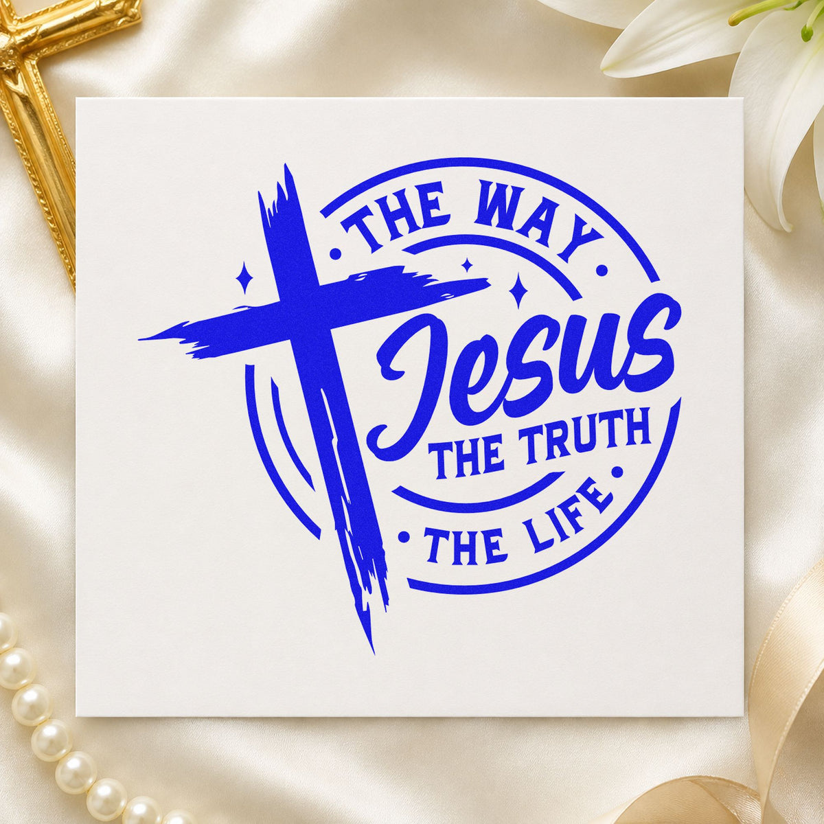 Jesus Way Truth Life Badge craft stamp imprinted in blue ink on paper, a design suited to round wax seal cards.