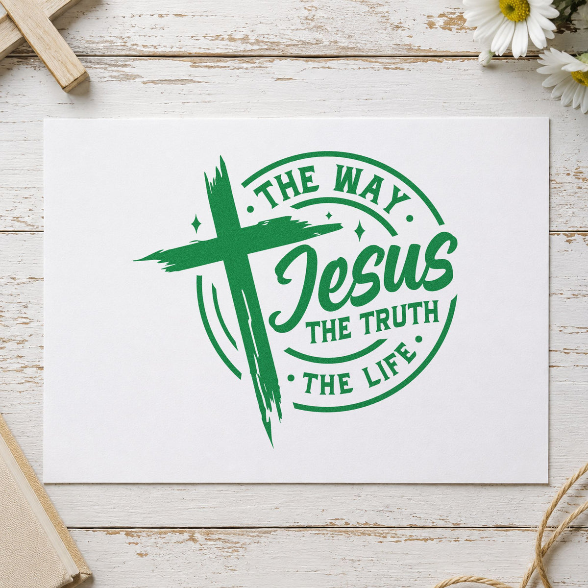 Jesus Way Truth Life Badge craft stamp imprint in green ink on a handmade project, one idea being framed study nook.