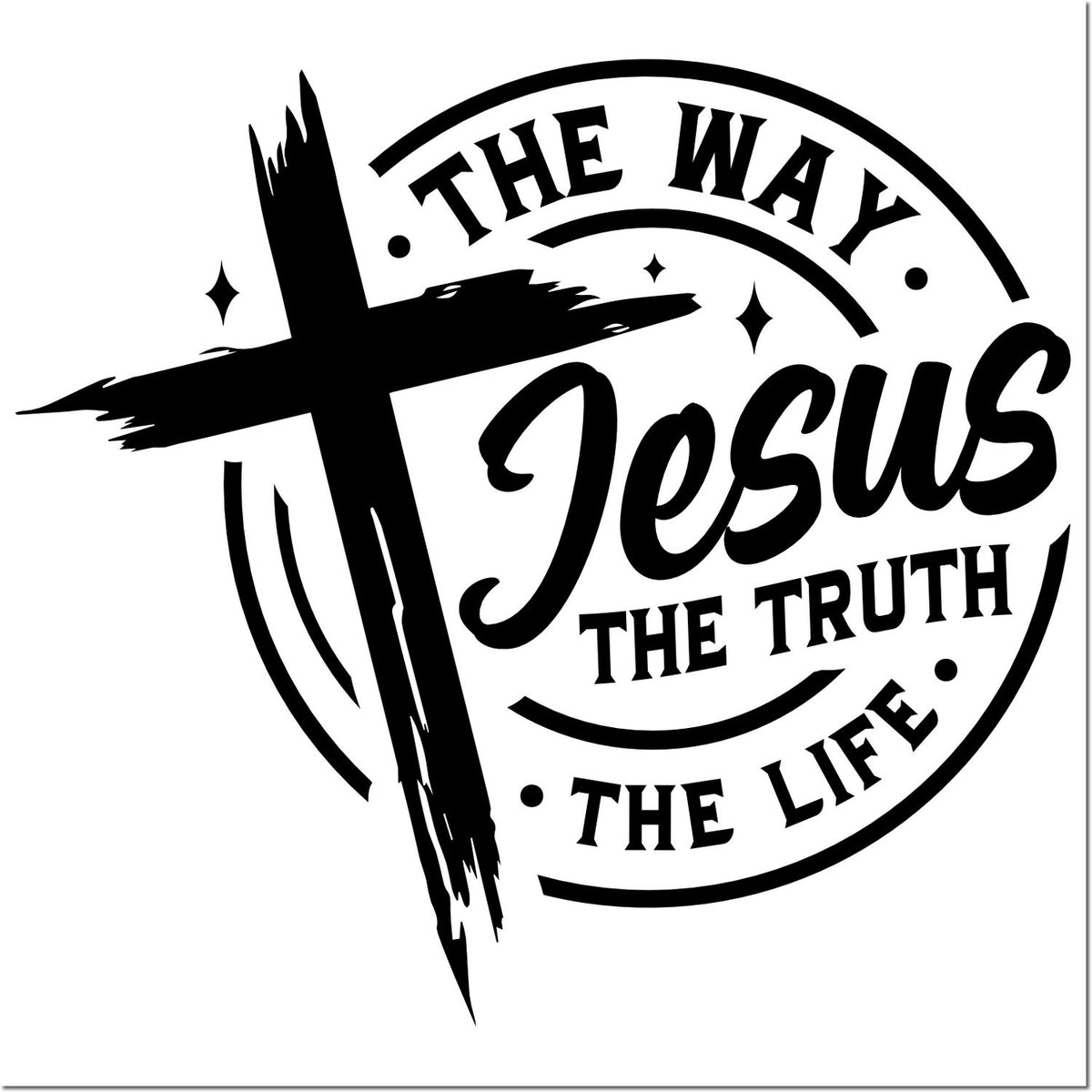 Black circular religious stamp seal with cross and bold text: The Way Jesus, The Truth, The Life.